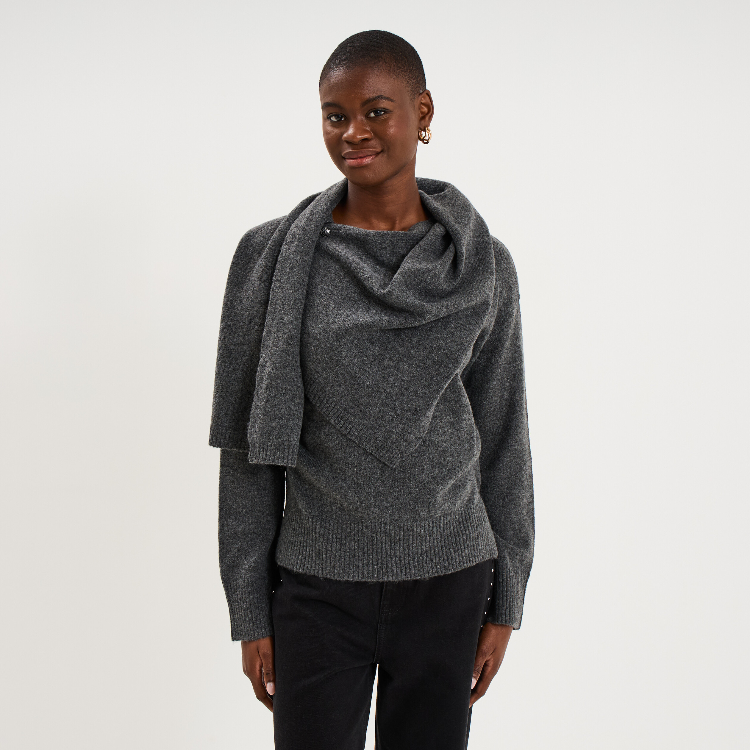 Pull col rond &eacute;charpe amovible gris fonc&eacute; femme