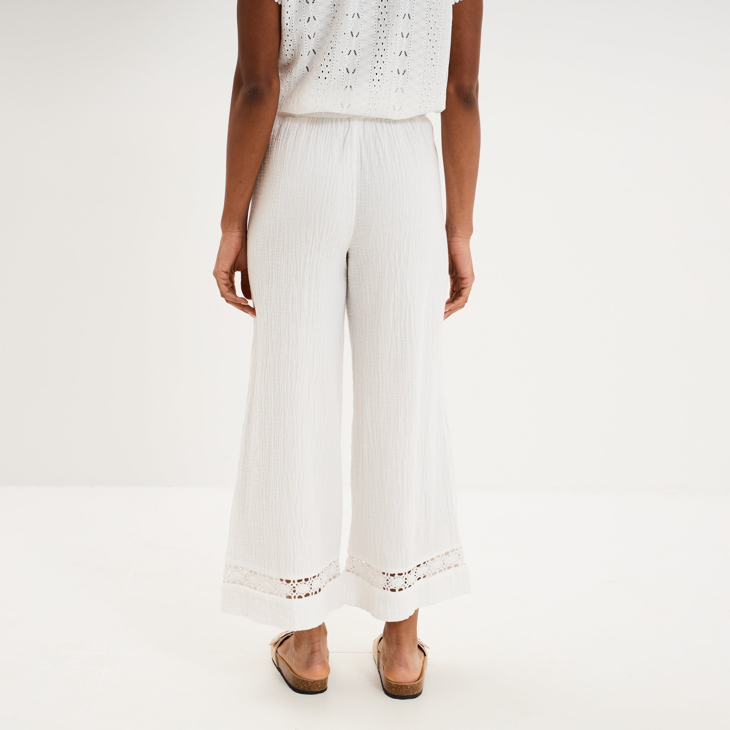 Pantalon large &eacute;lastiqu&eacute;e gaze coton blanc femme