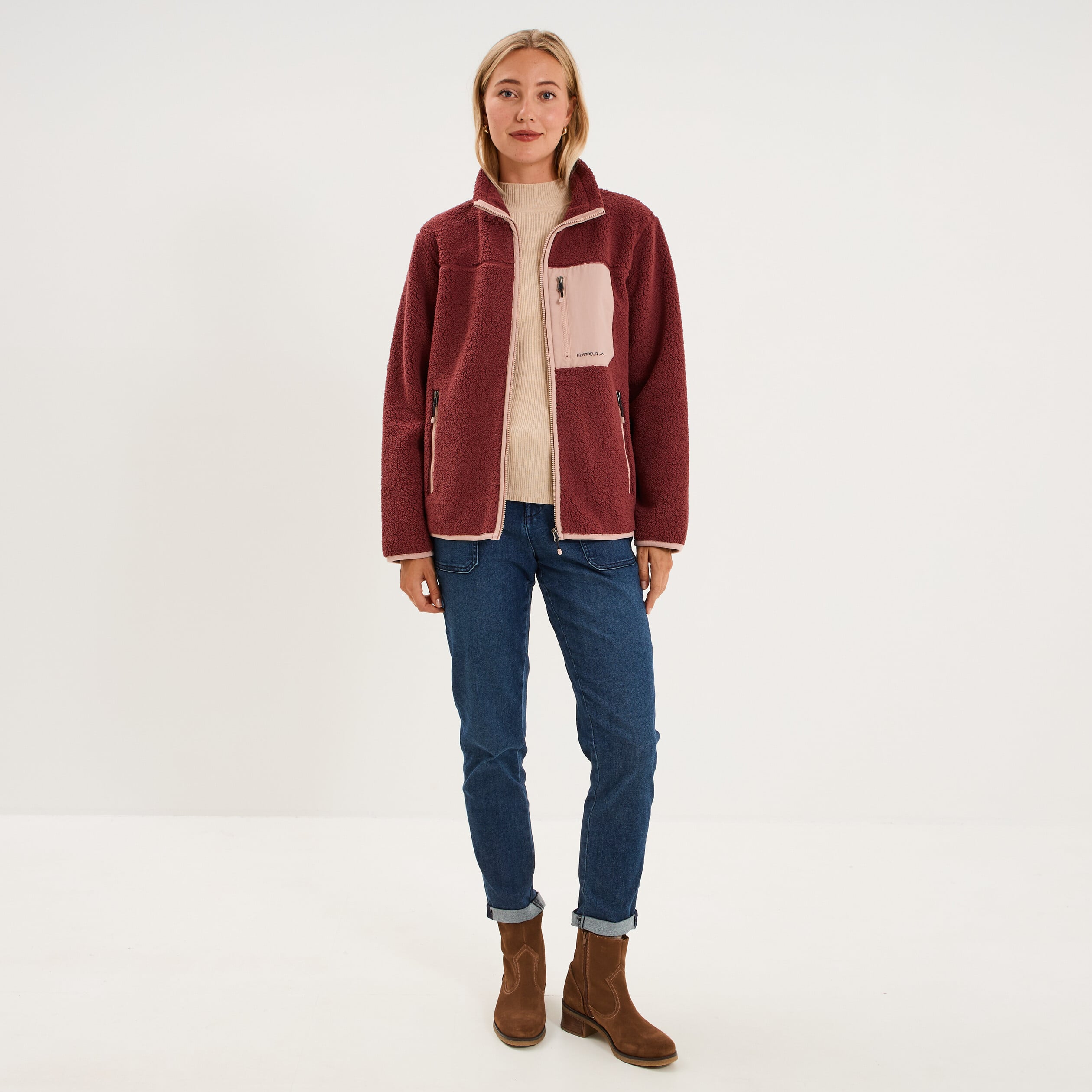 Veste zipp&eacute;e effet sherpa 3 poches vieux rose femme