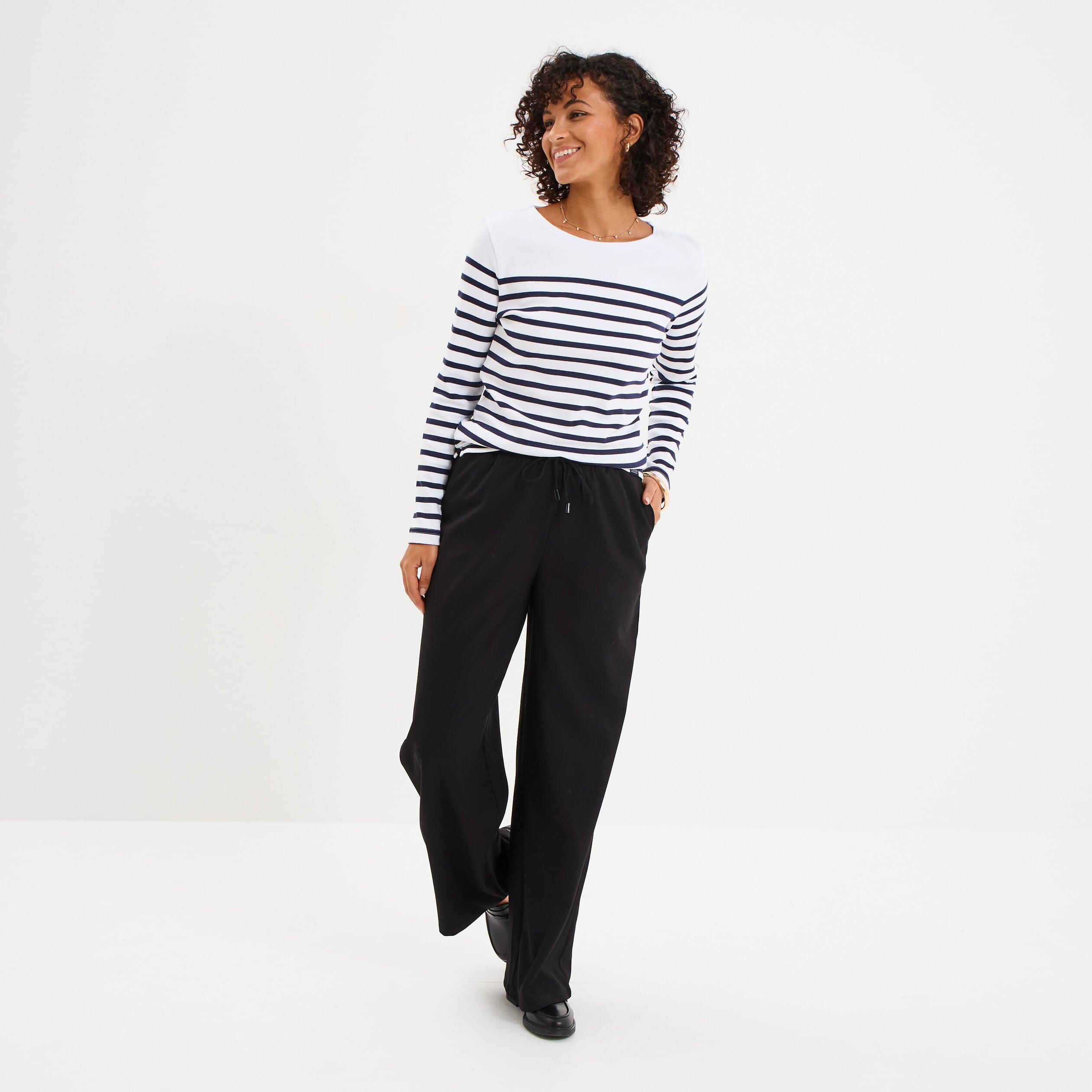 T-shirt marini&egrave;re manches longues coton blanc femme