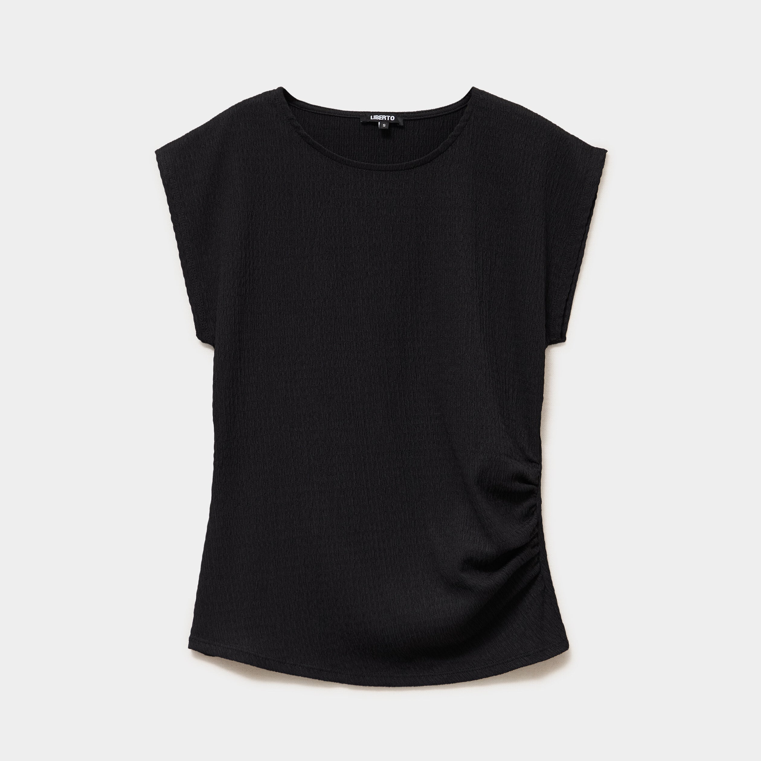 T-shirt fronc&eacute; gaufr&eacute; manches courtes noir femme