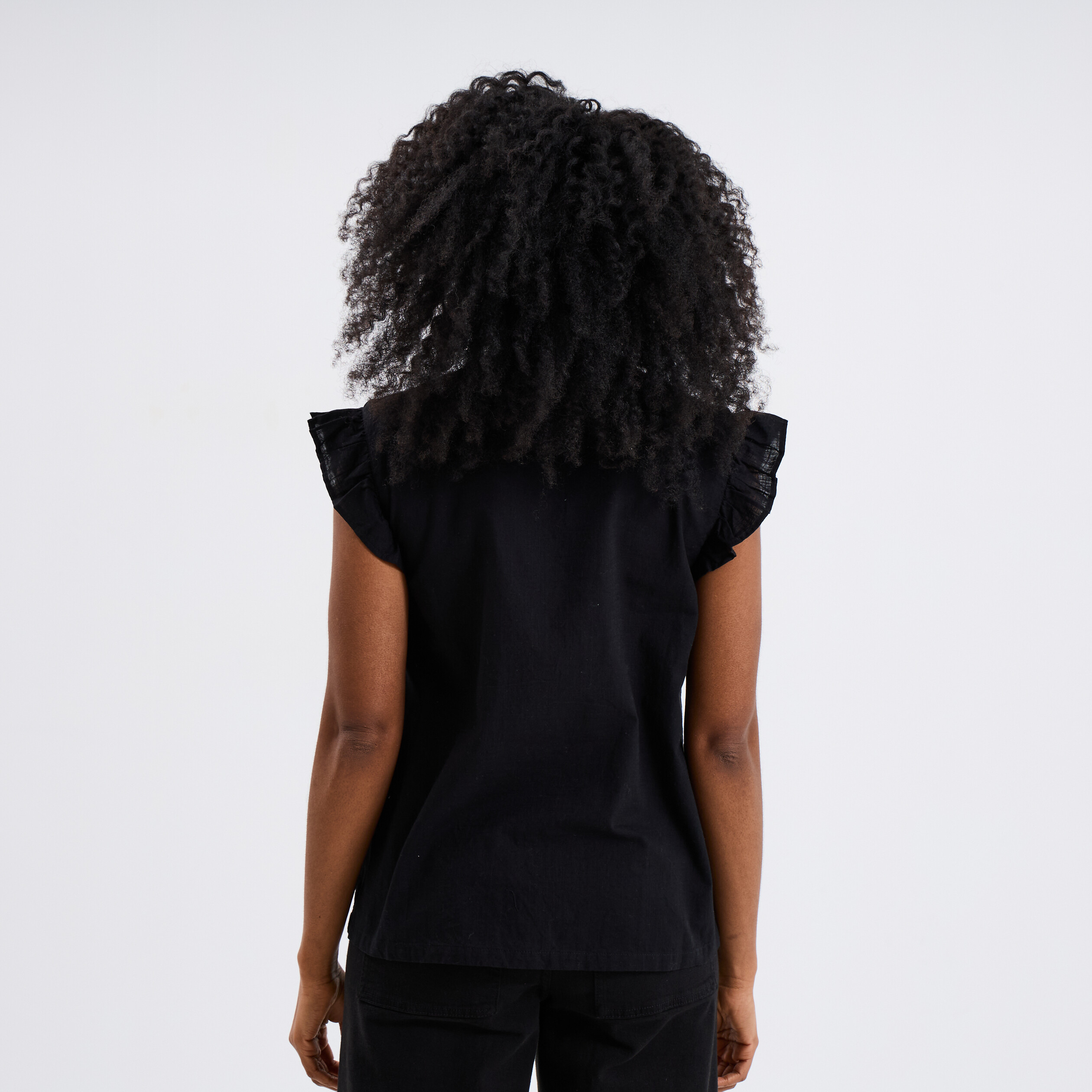 Blouse brod&eacute;e &agrave; volants coton noir femme
