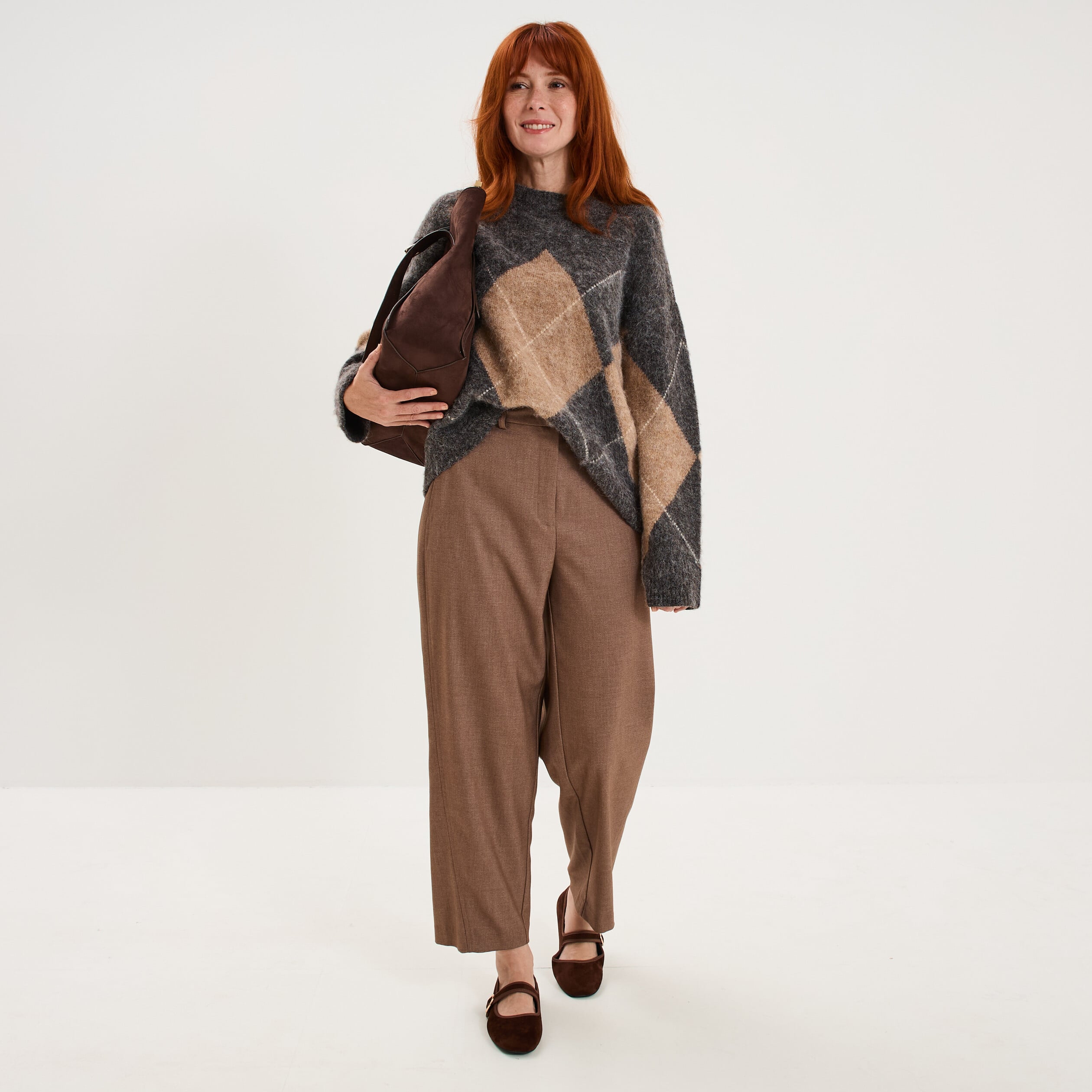 Pantalon barrel taille haute 7/8&egrave;me beige femme