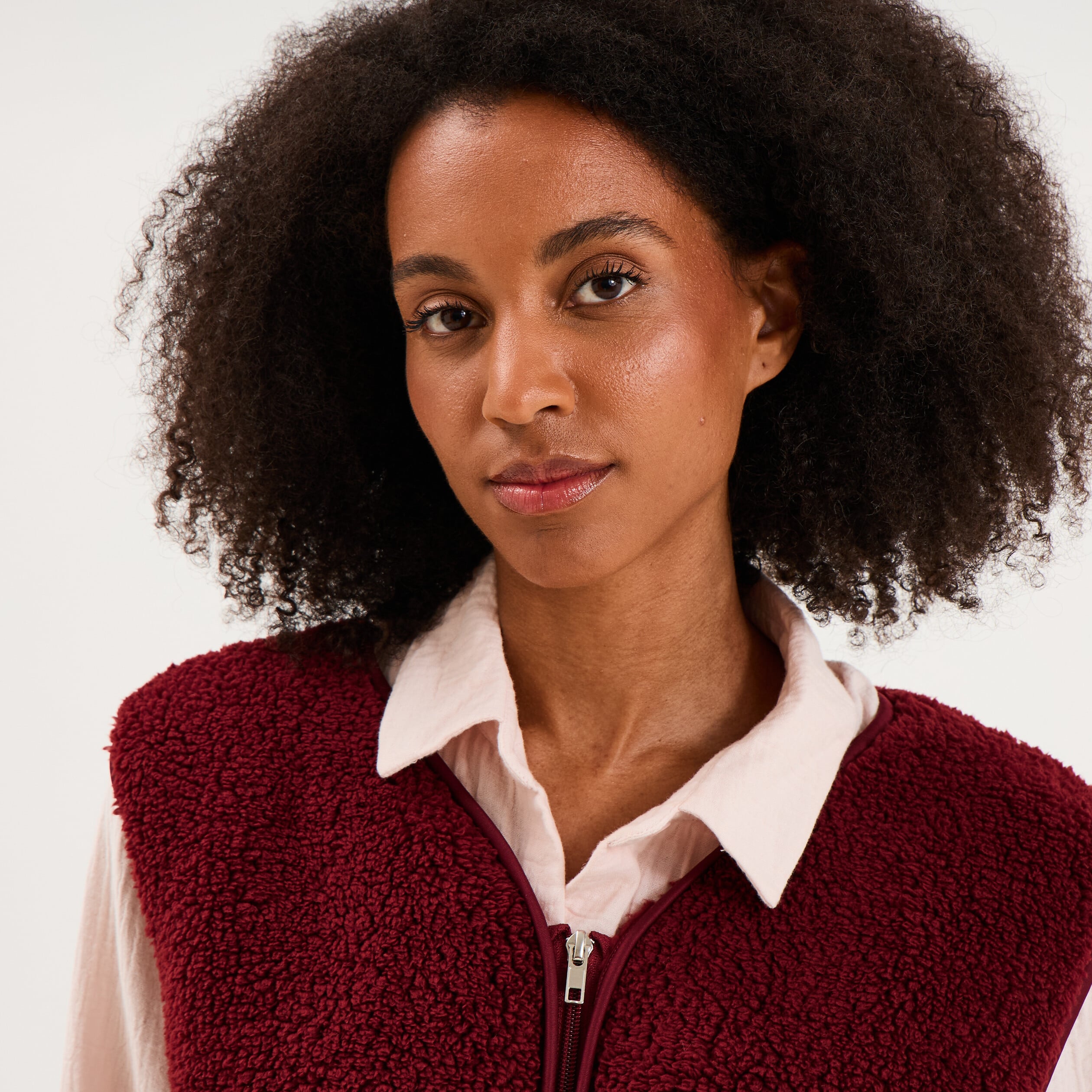 Gilet sans manches effet sherpa zipp&eacute; bordeaux femme