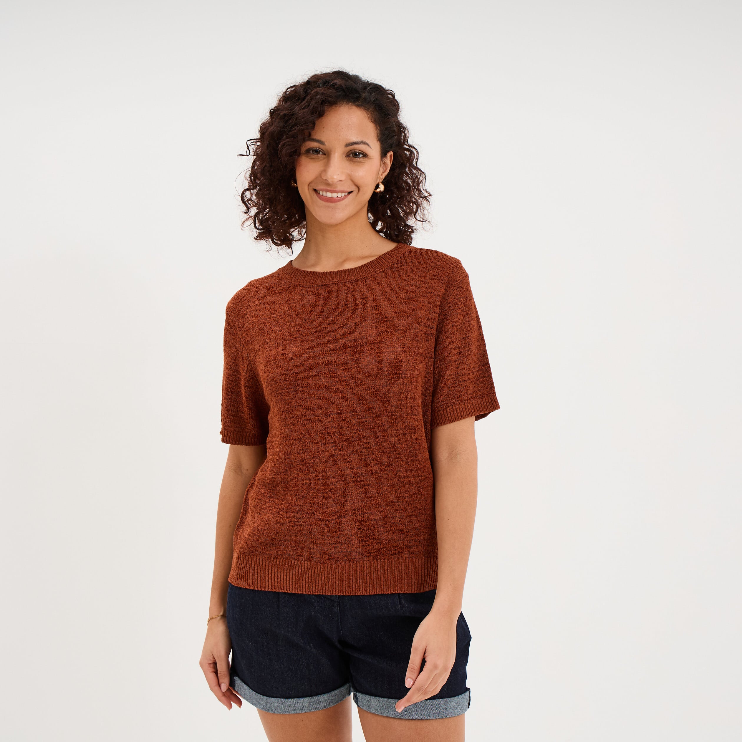 Pull manches courtes col rond camel femme