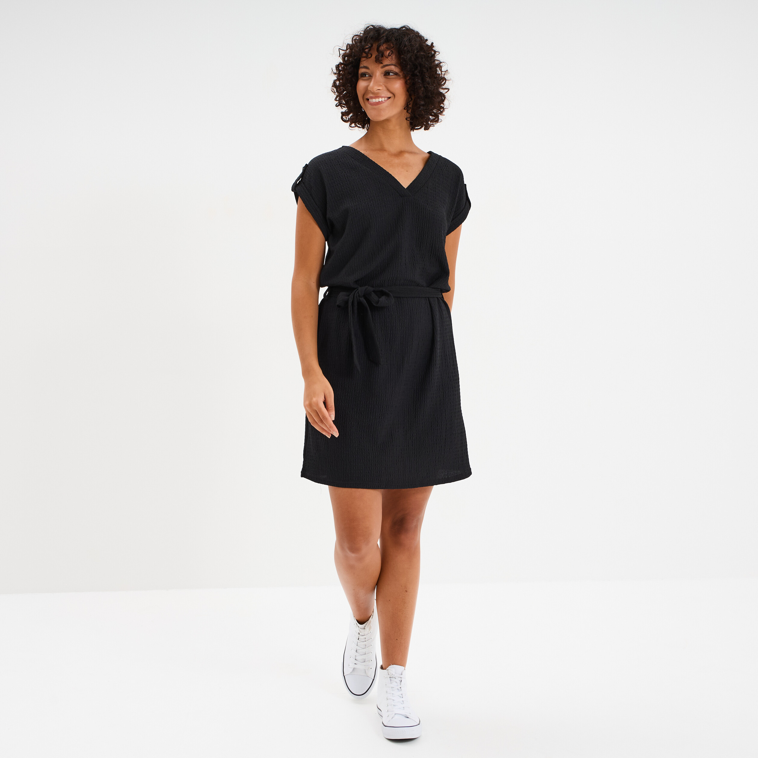 robe effet gaufre manches courtes noir femme Robe effet gaufré manches courtes noir femme