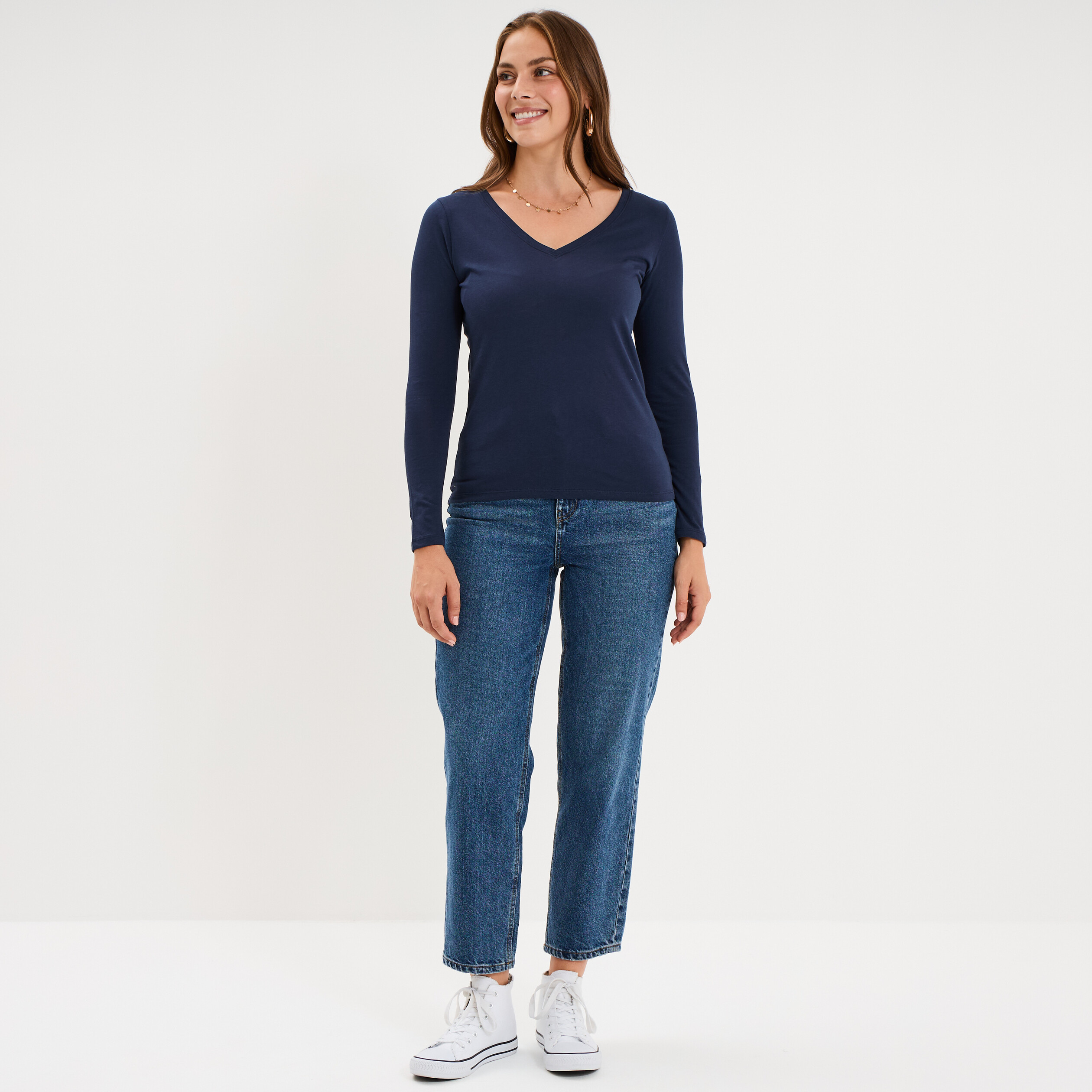 T-shirt col en V manches longues coton bleu marine femme