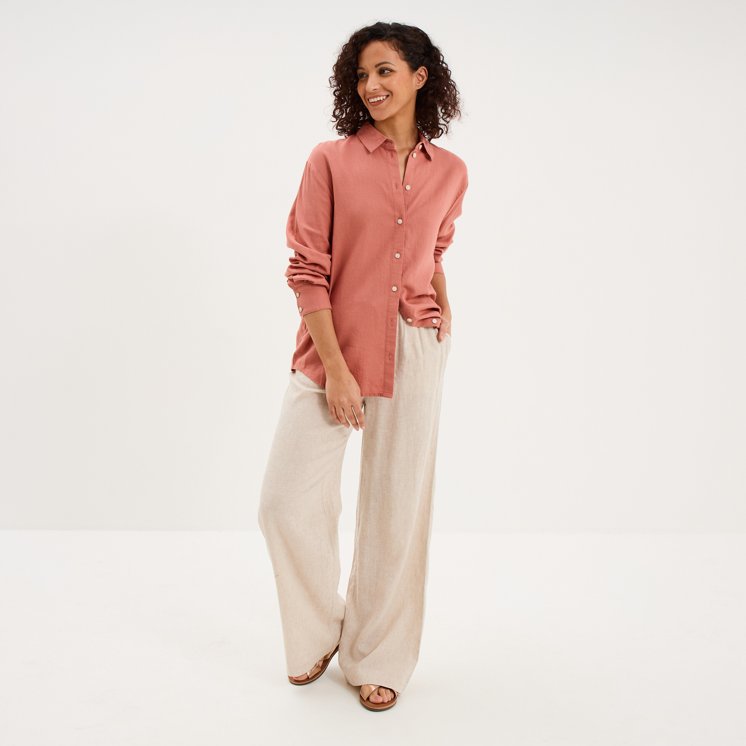 Chemise oversize lin m&eacute;lang&eacute; terracotta femme