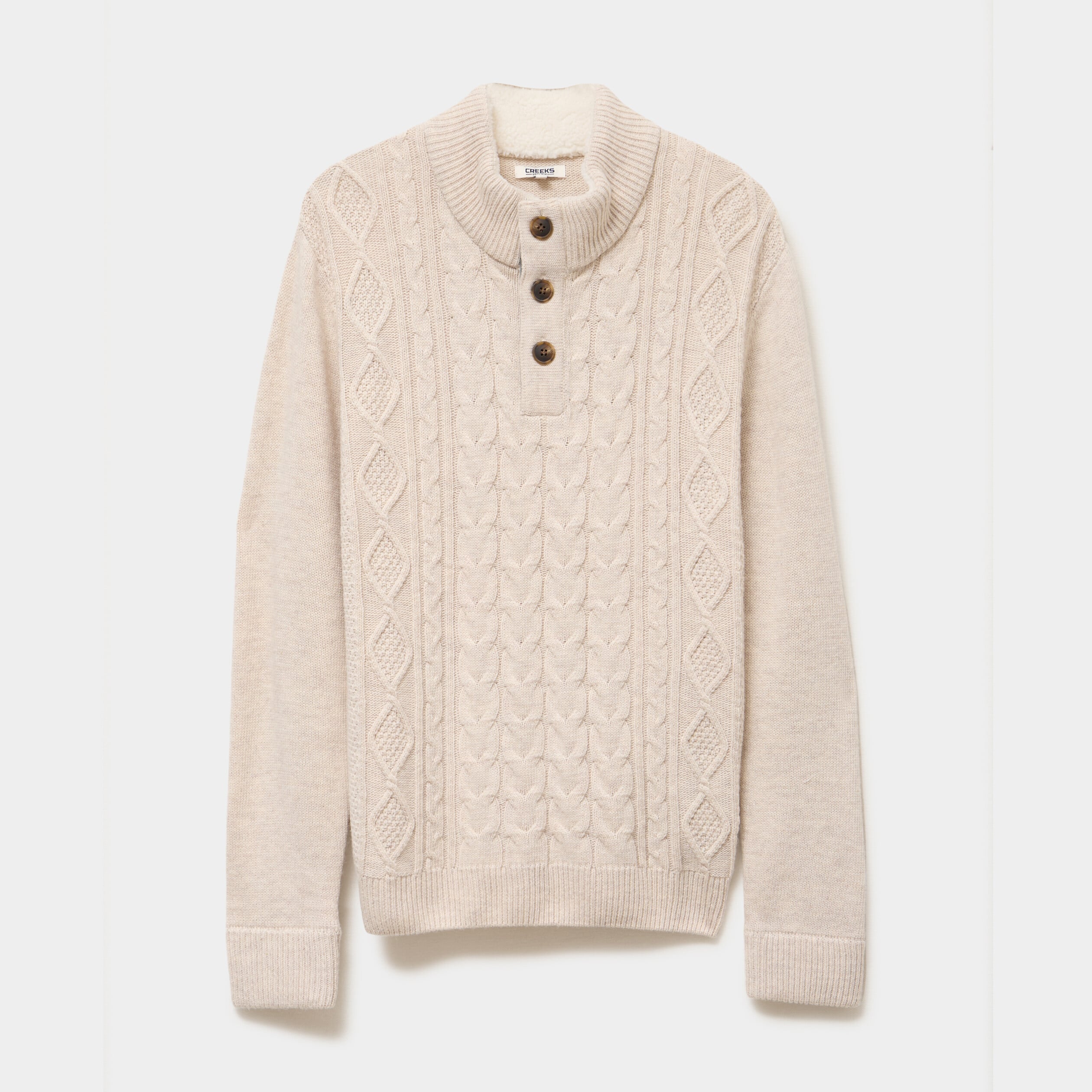 Pull col montant boutonn&eacute; et torsades ecru homme