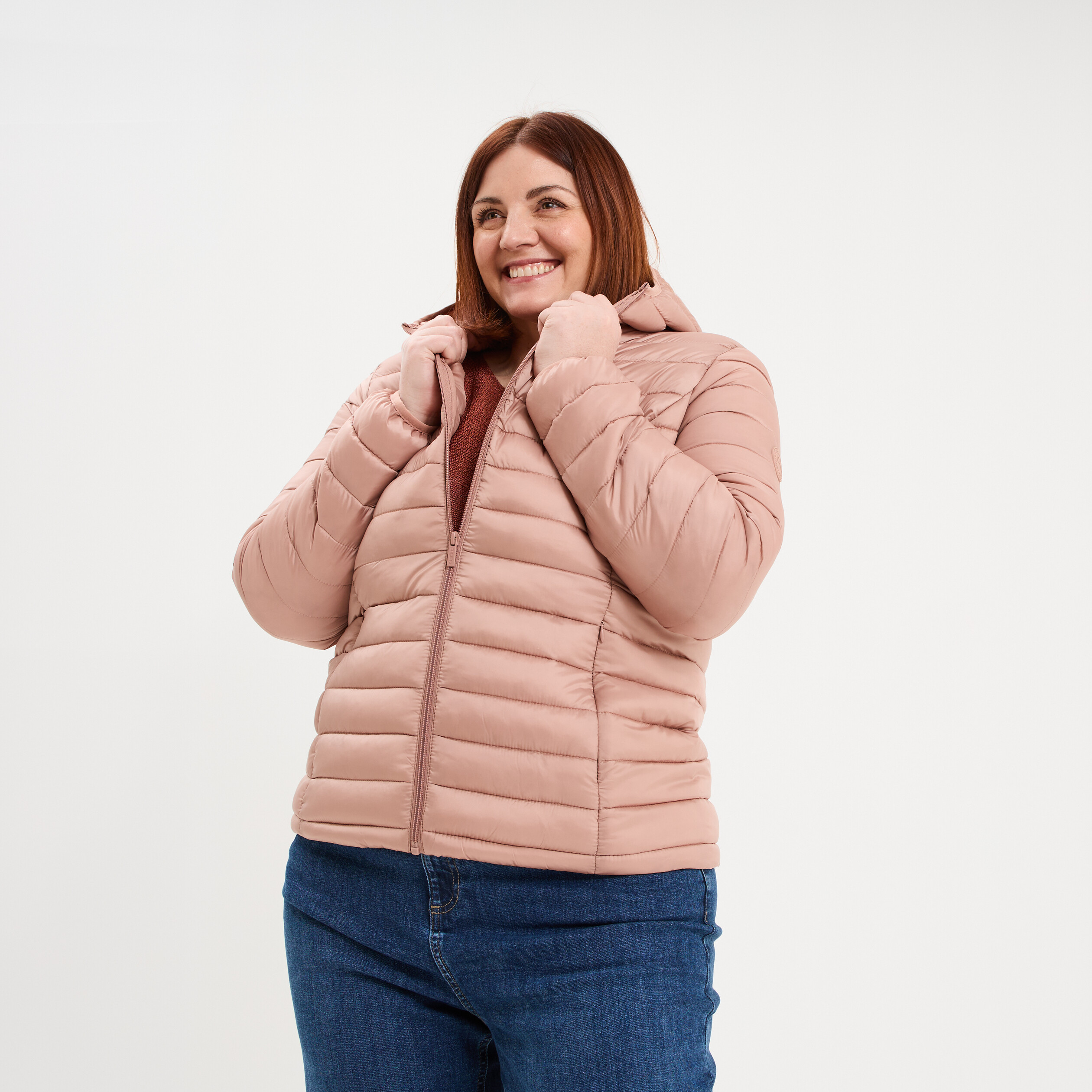 Doudoune d&eacute;perlante l&eacute;g&egrave;re &agrave; capuche vieux rose femme grande taille