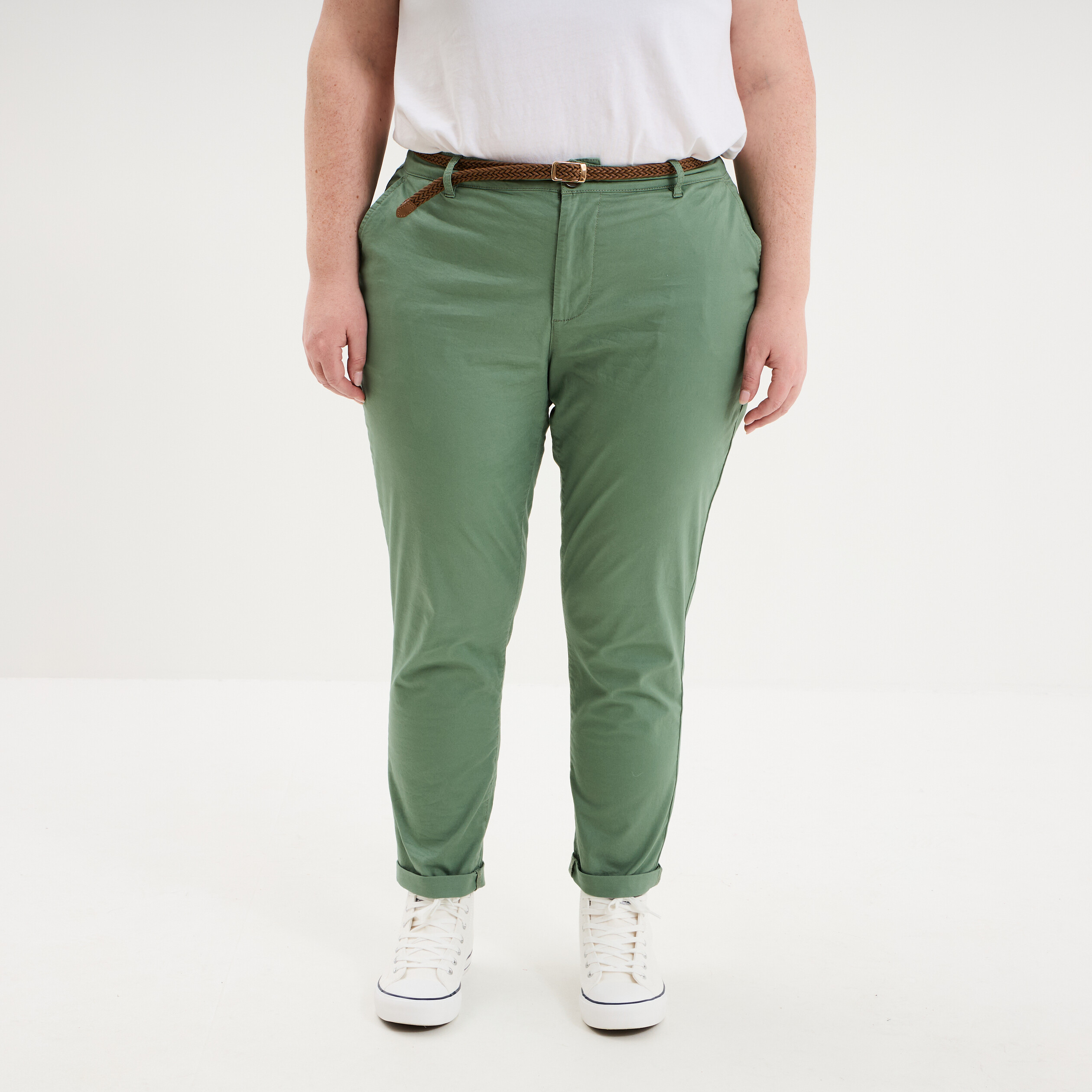 Pantalon chino taille haute coton vert kaki femme grande taille