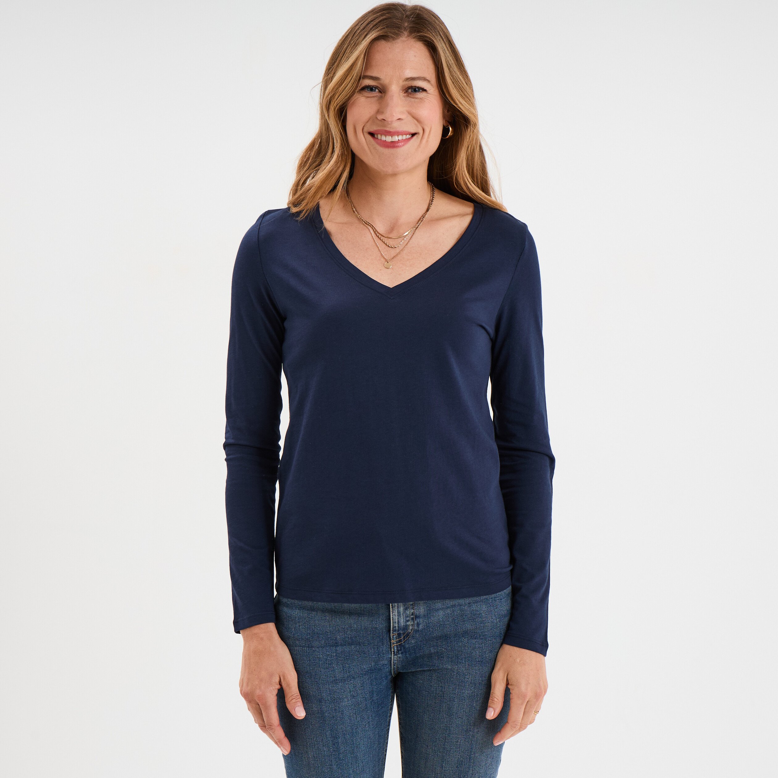 t shirt col en v manches longues coton bleu marine femme T-shirt col en V manches longues coton bleu marine femme