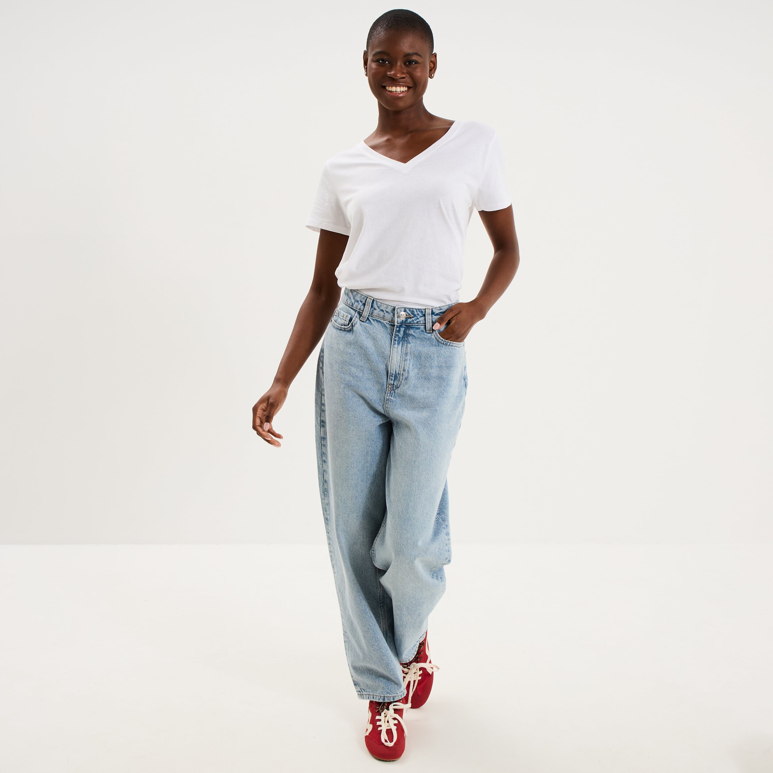 Jean balloon taille haute cropped coton denim triple stone femme