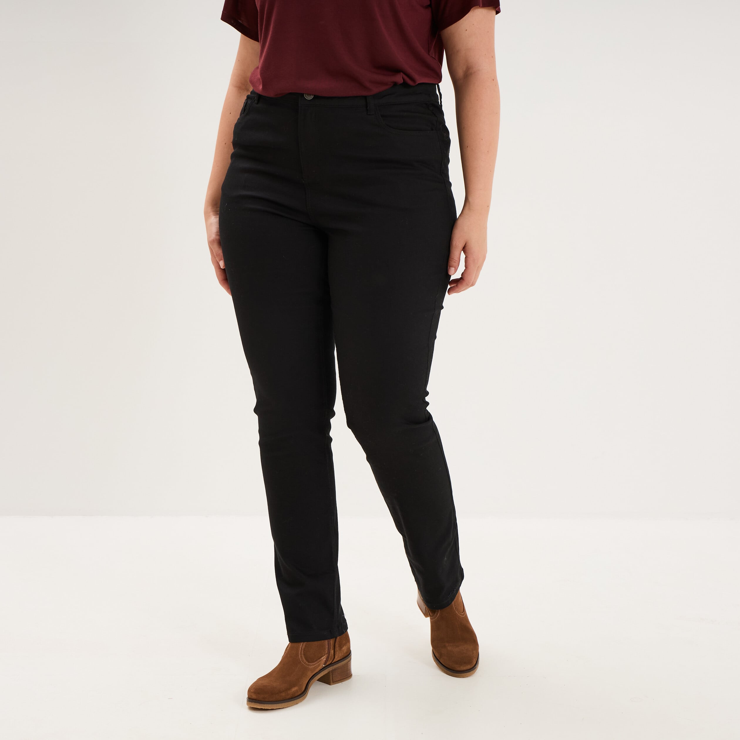 Pantalon droit taille haute extensible noir femme grande taille