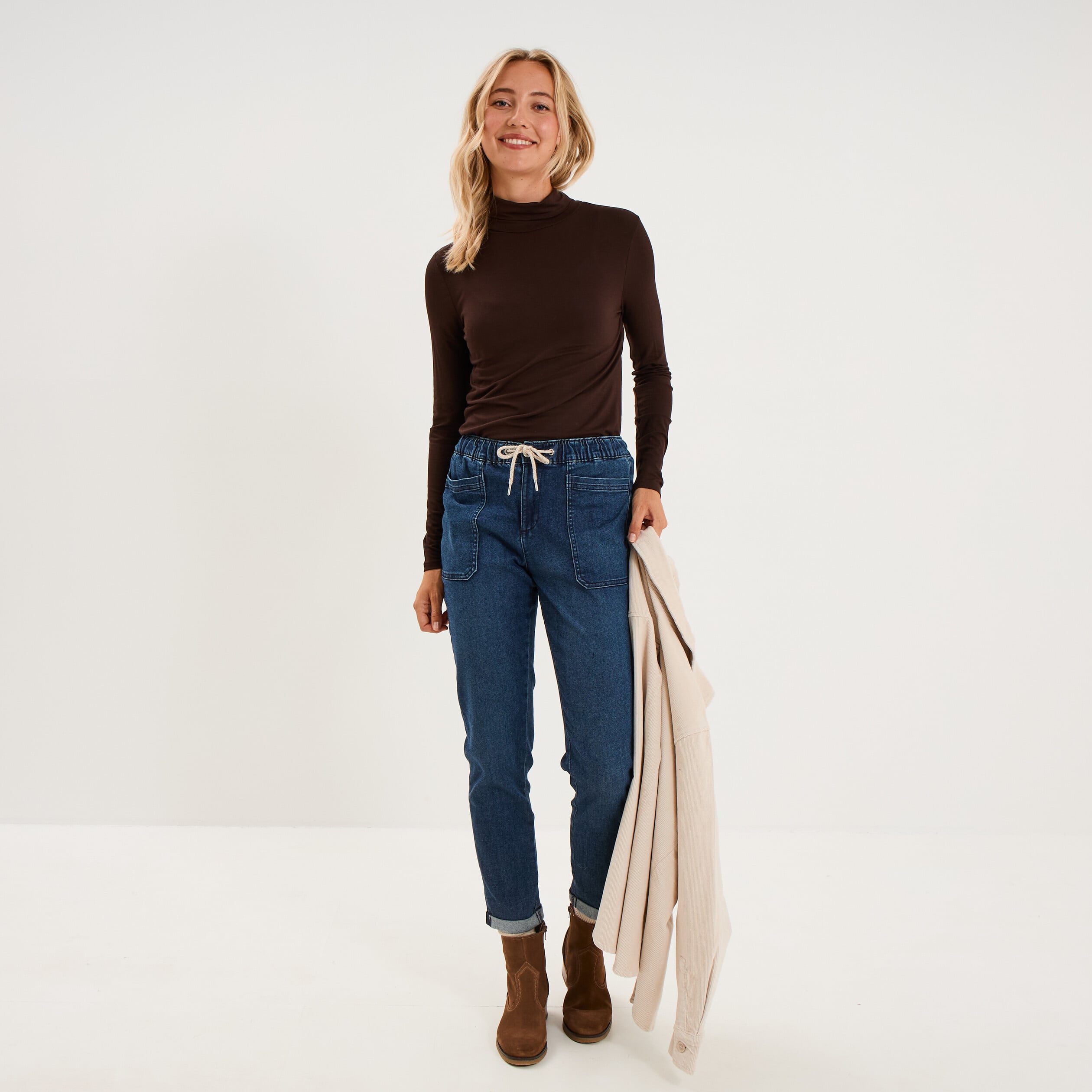 T-shirt manches longues col roul&eacute; marron fonc&eacute; femme