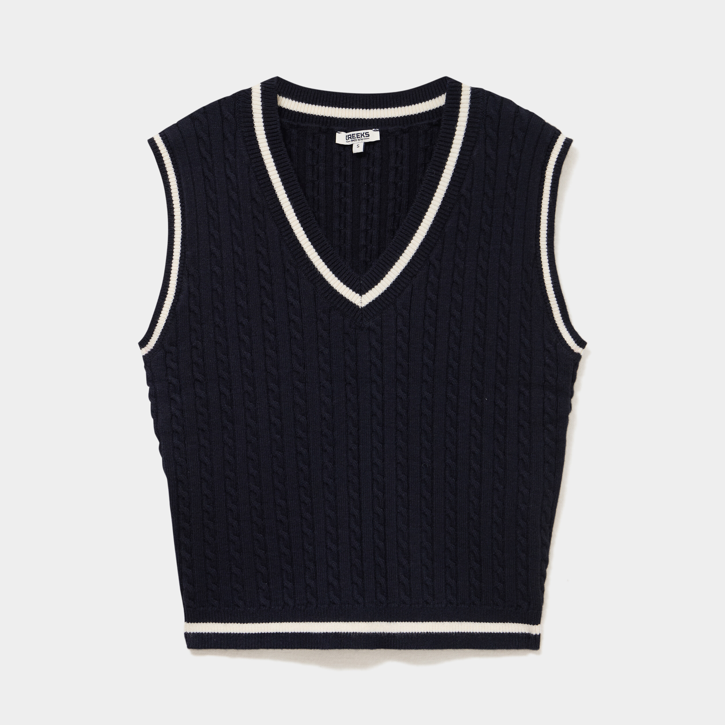 Pull sans manches col en V torsades bleu marine femme