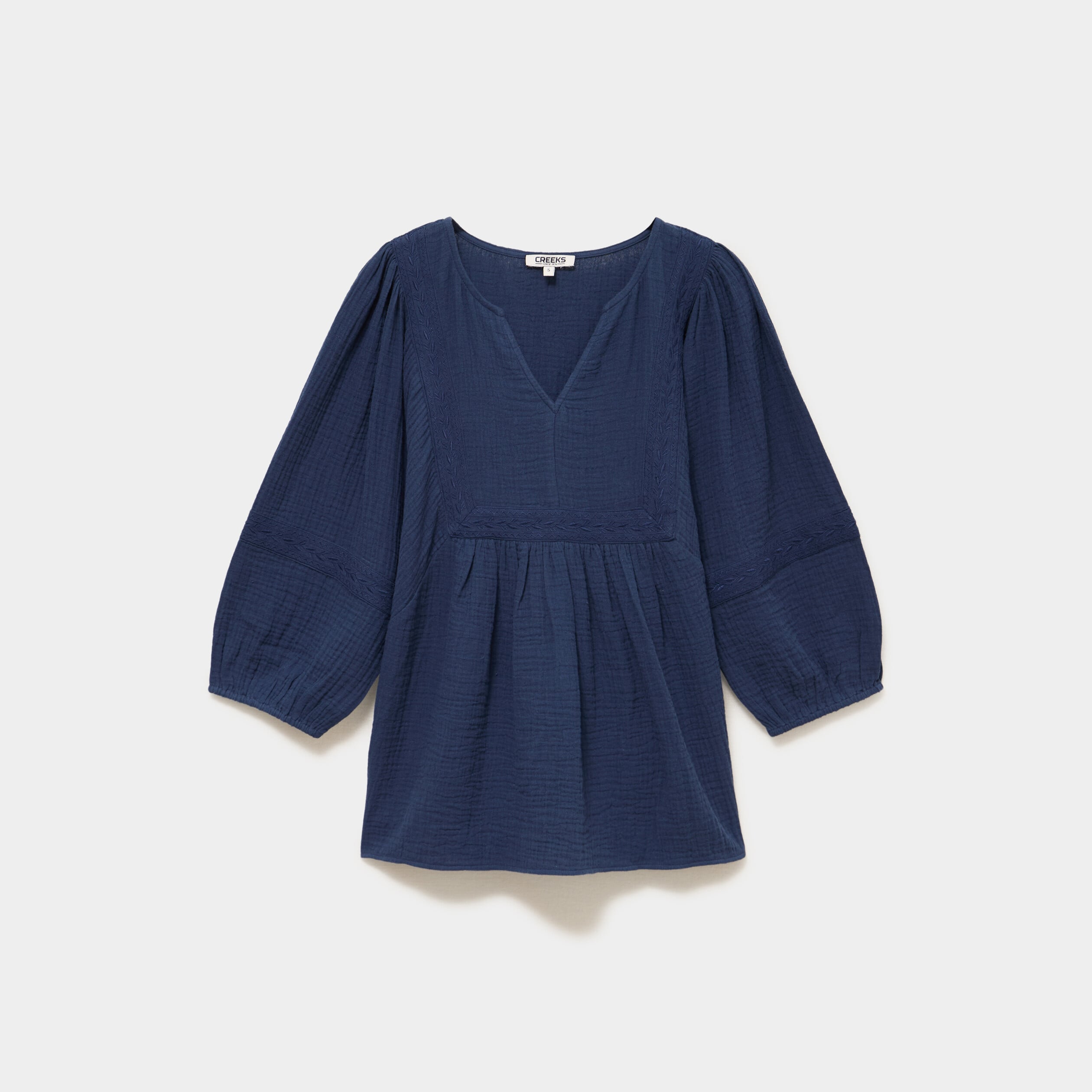Blouse brod&eacute;e manches 3/4 gaze de coton bleu marine femme
