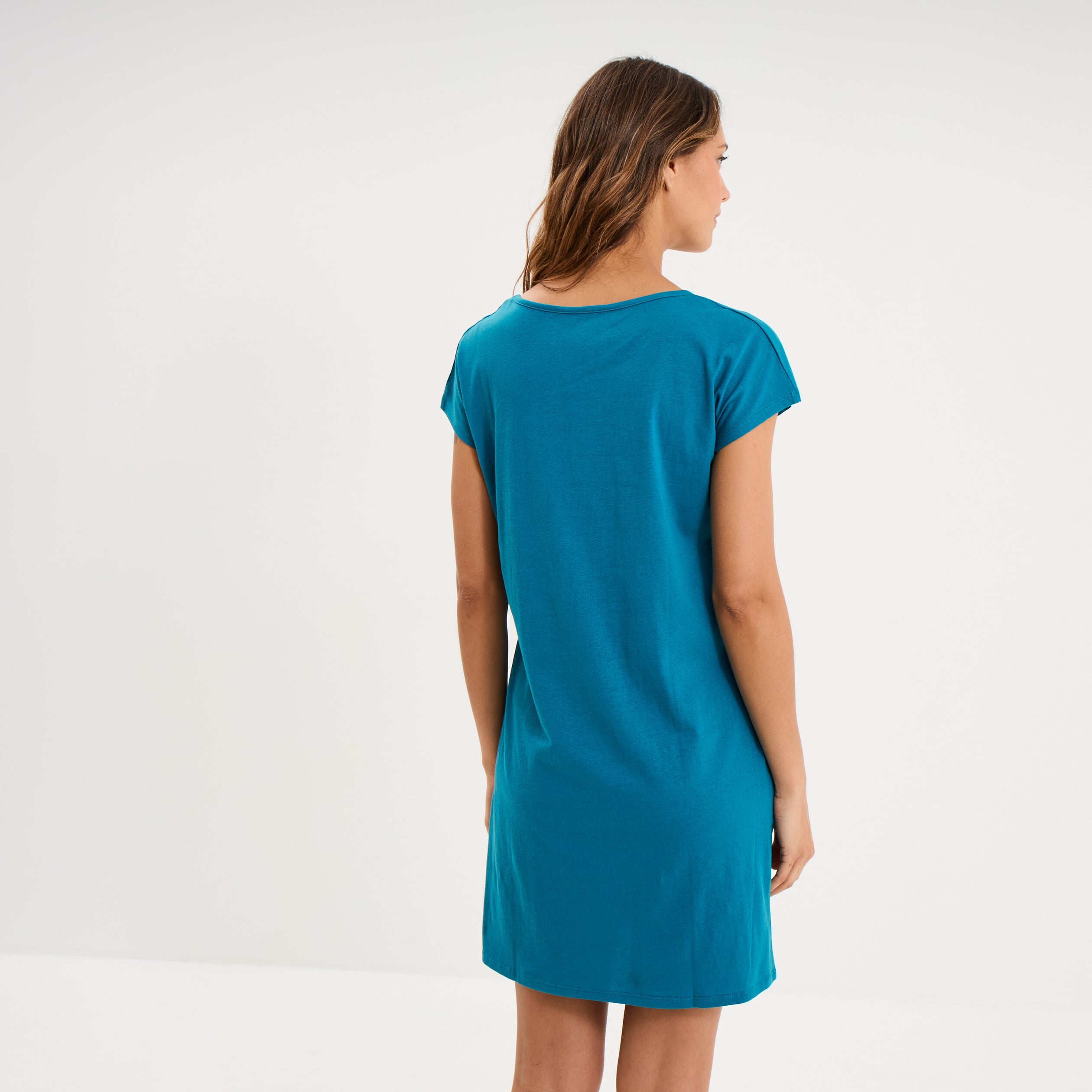 Chemise de nuit courte col rond bleu canard femme