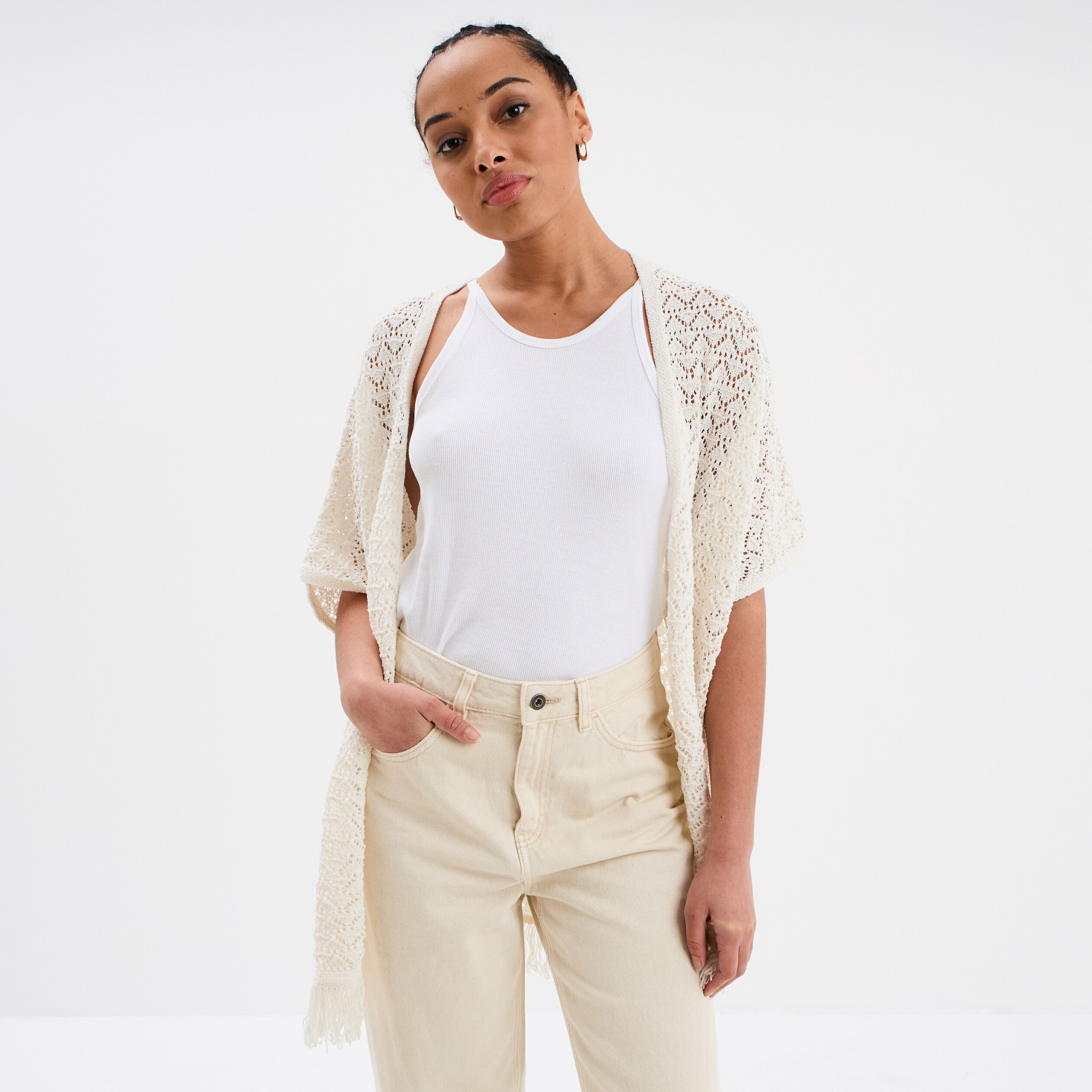 gilet mi long ajoure a franges blanc femme Gilet mi-long ajouré à franges blanc femme