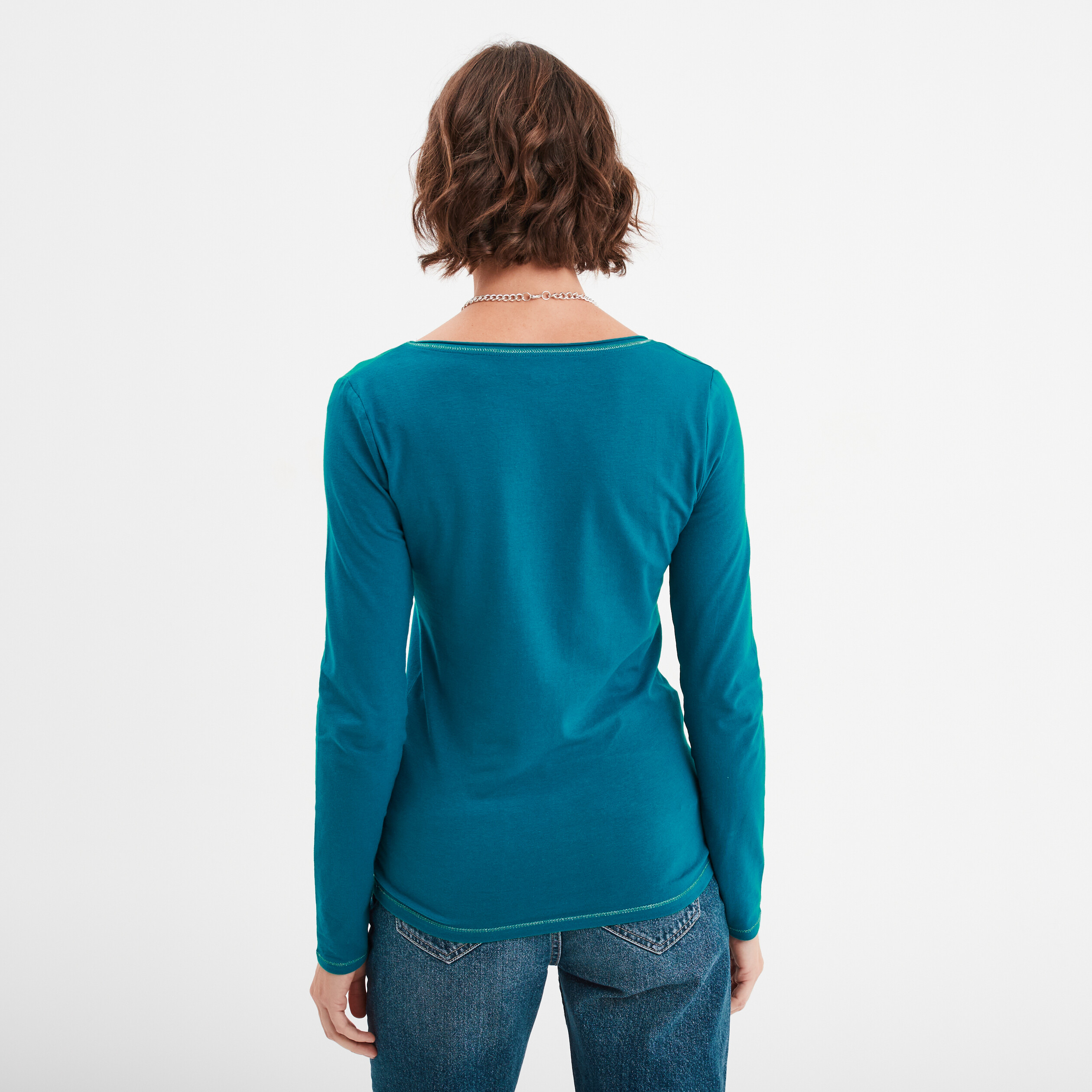 T-shirt manches longues col en V coton bleu canard femme