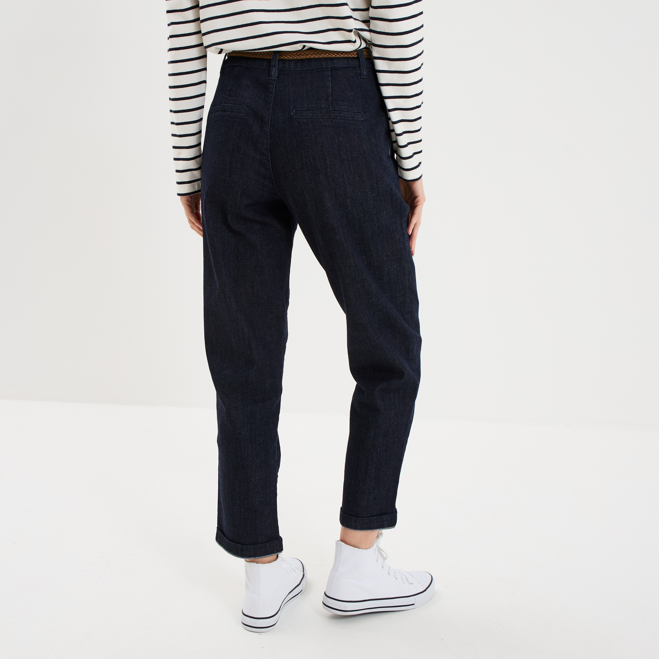 Jean chino droit avec ceinture denim brut femme