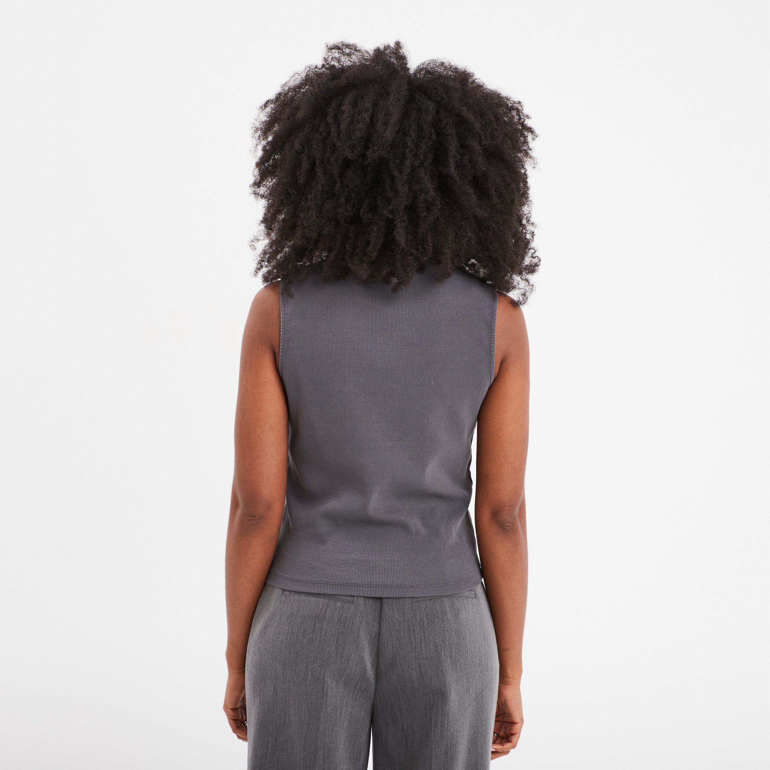 t shirt cotele col montant sans manches bleu gris femme T-shirt côtelé col montant sans manches bleu gris femme