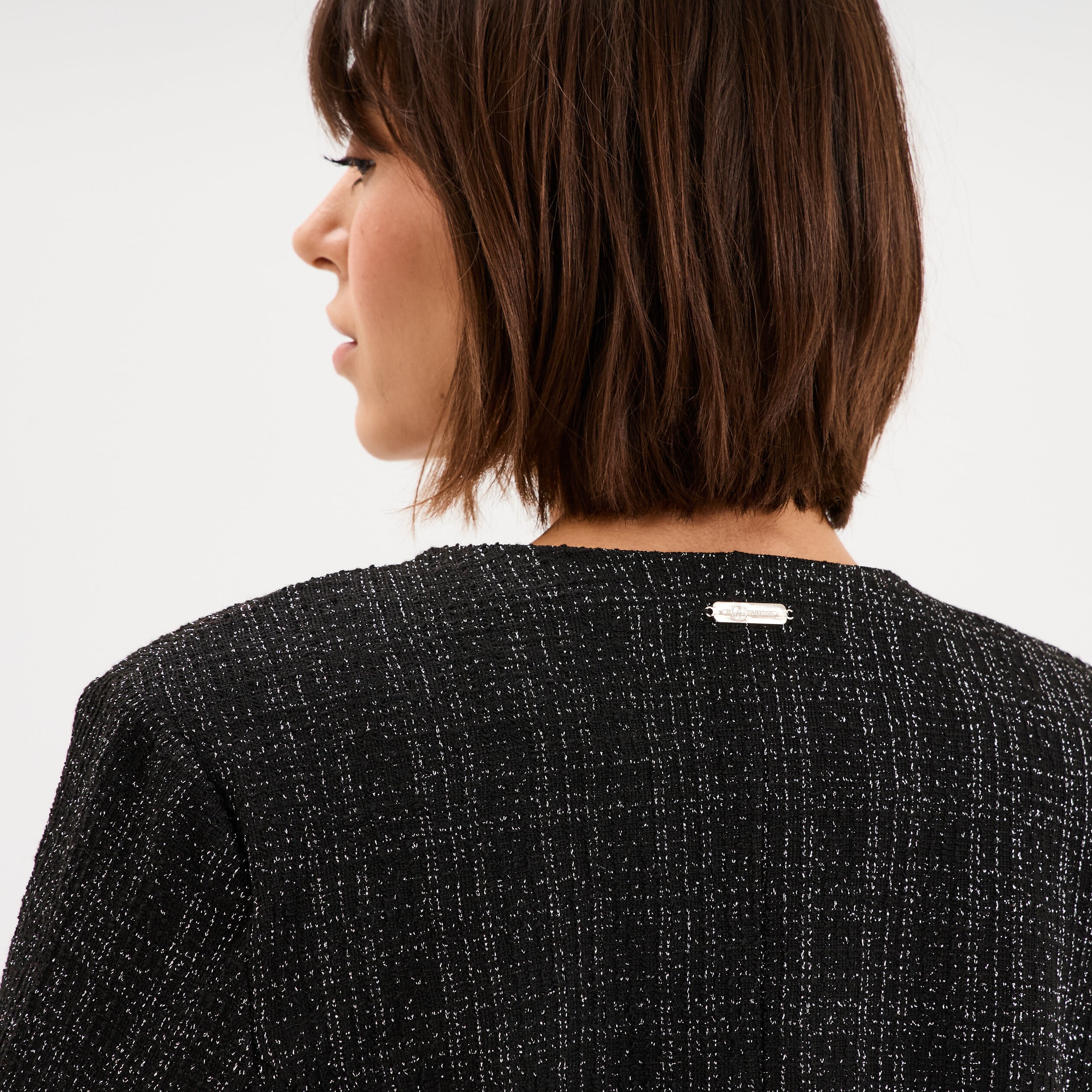 Veste bol&eacute;ro tweed manches longues noir femme
