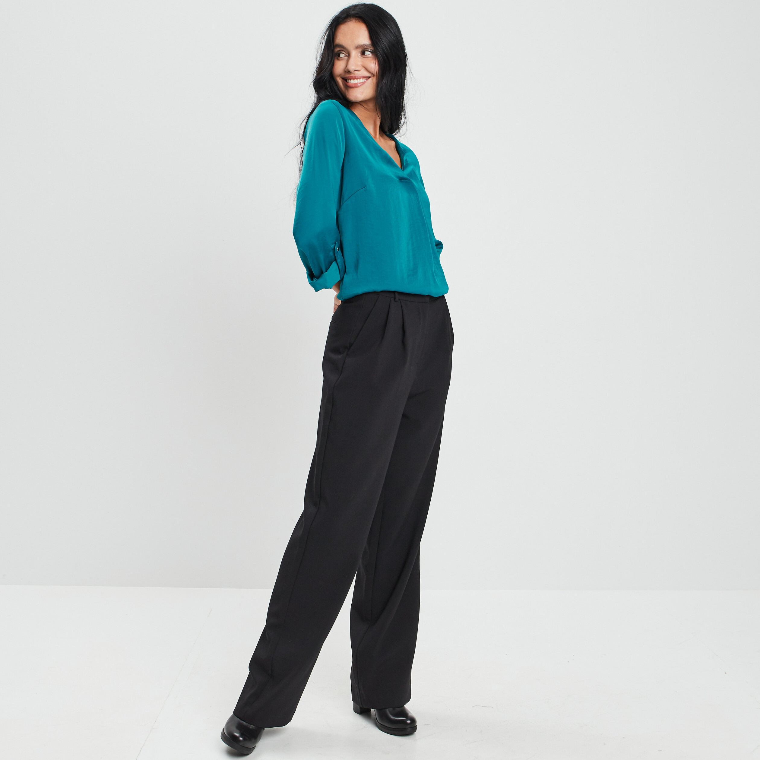 blouse a revers manches 34 bleu canard femme Blouse à revers manches 3/4 bleu canard femme