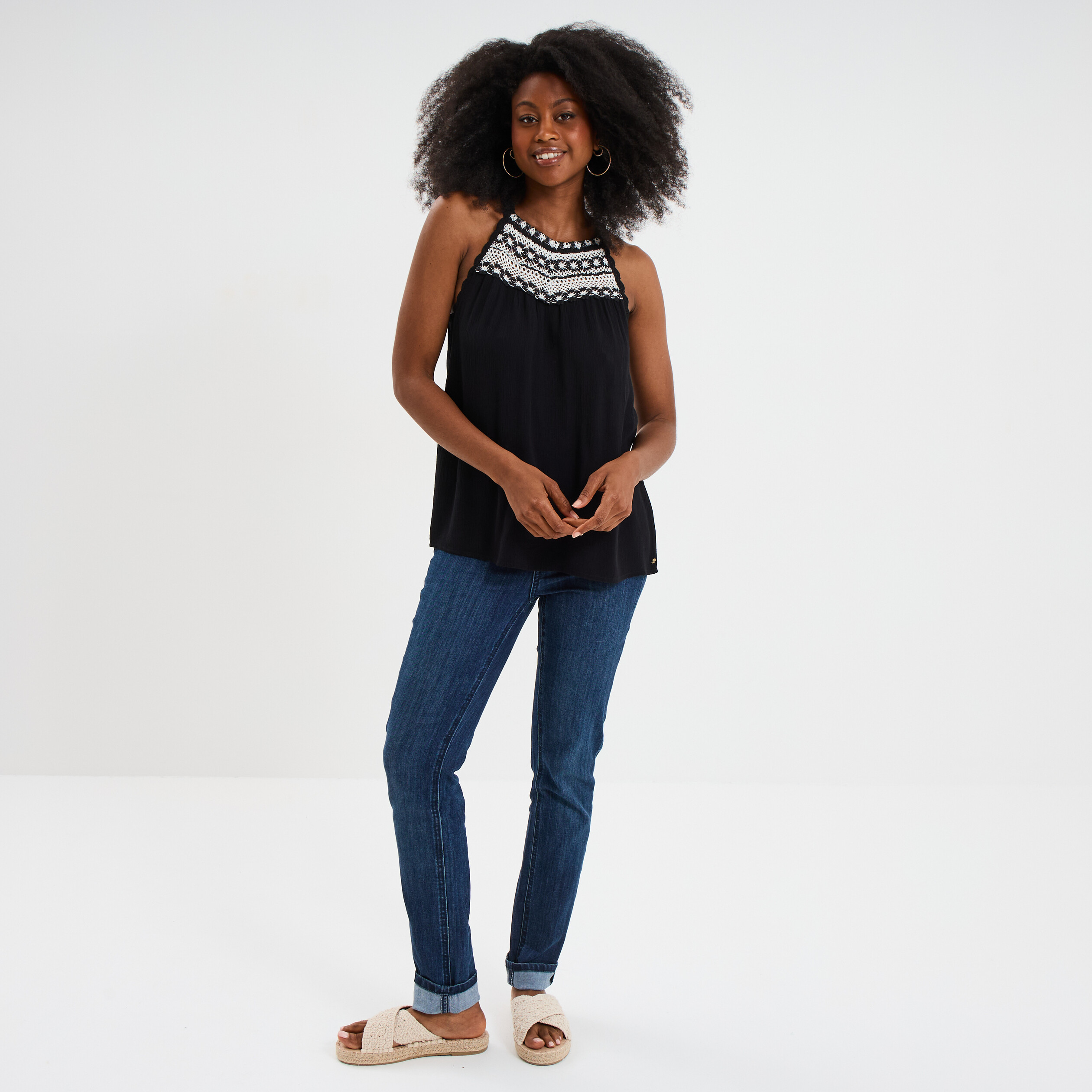 blouse col effet macrame noir femme Blouse col effet macramé noir femme