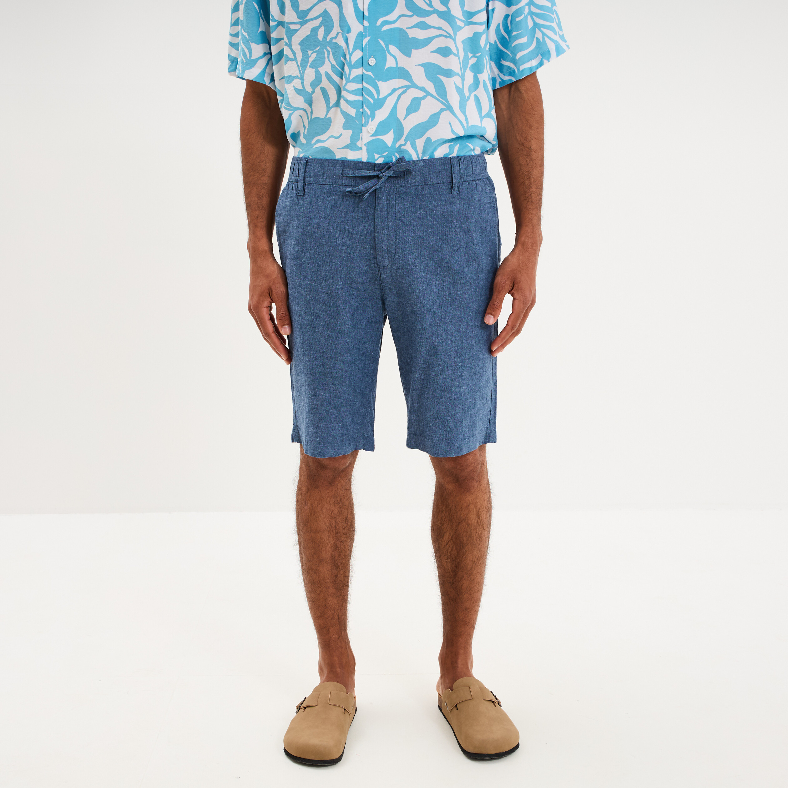 Bermuda chino &agrave; coulisse lin m&eacute;lang&eacute; bleu homme