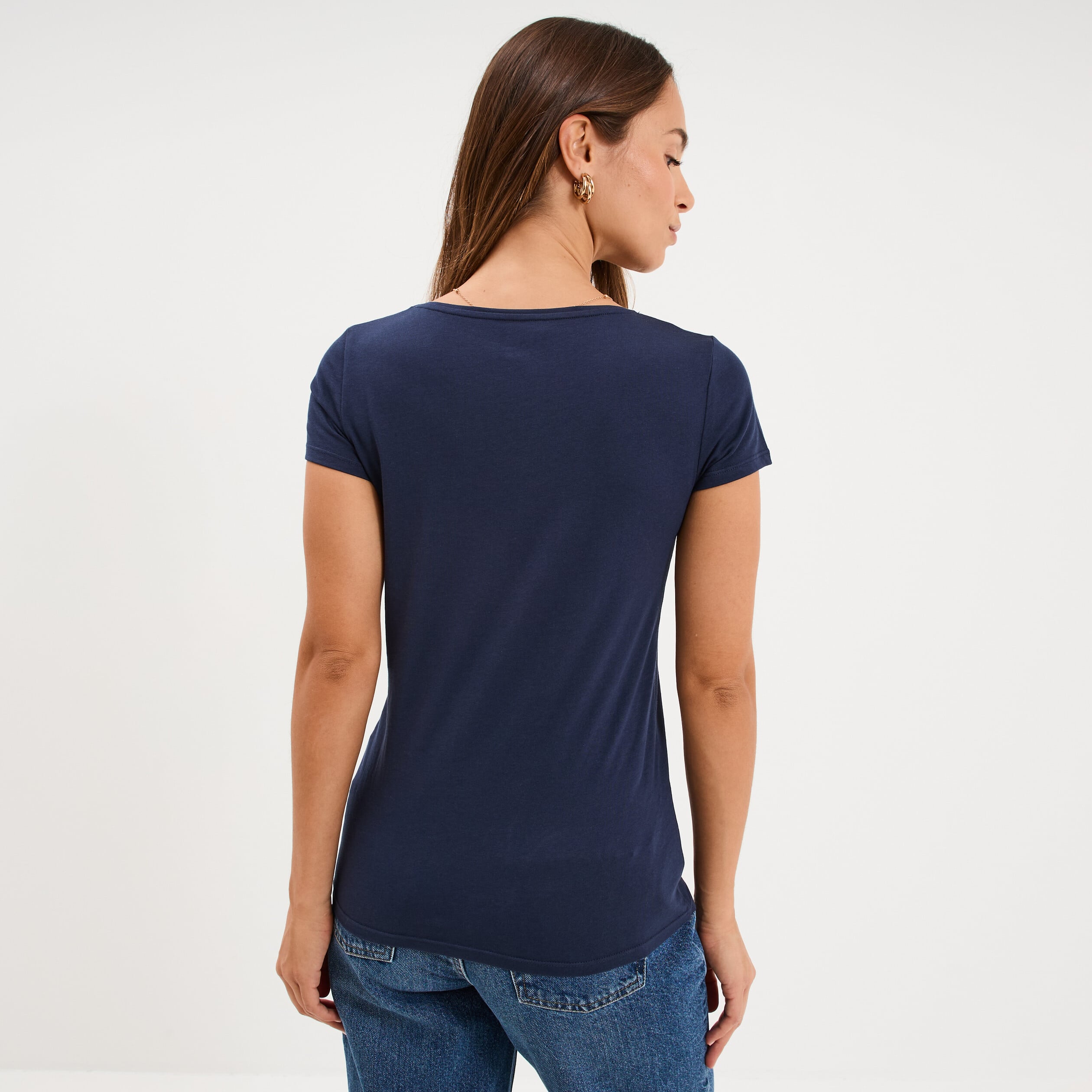 T-shirt coton col rond manches courtes bleu marine femme