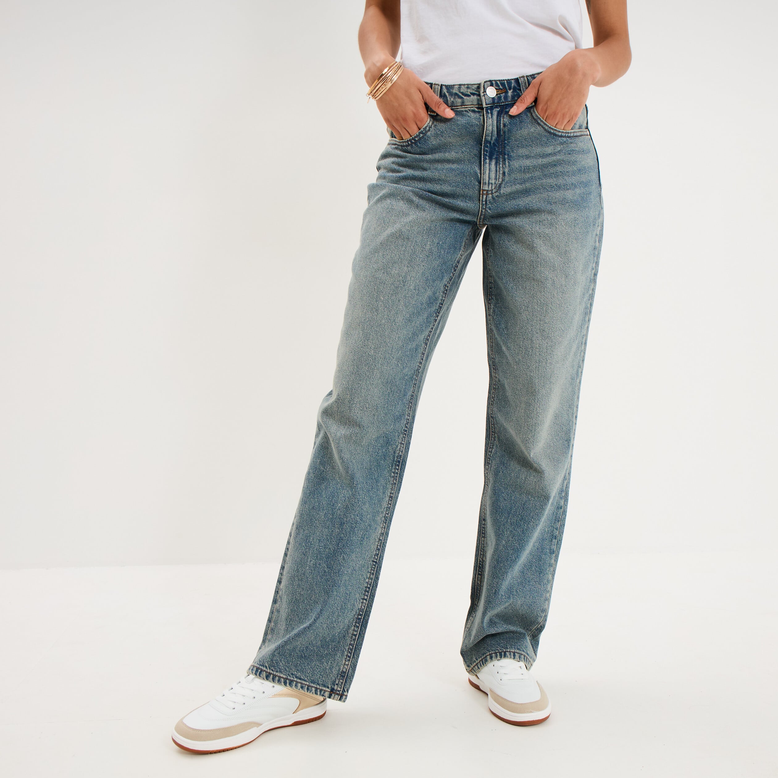 Jean droit taille basse coton denim dirty femme
