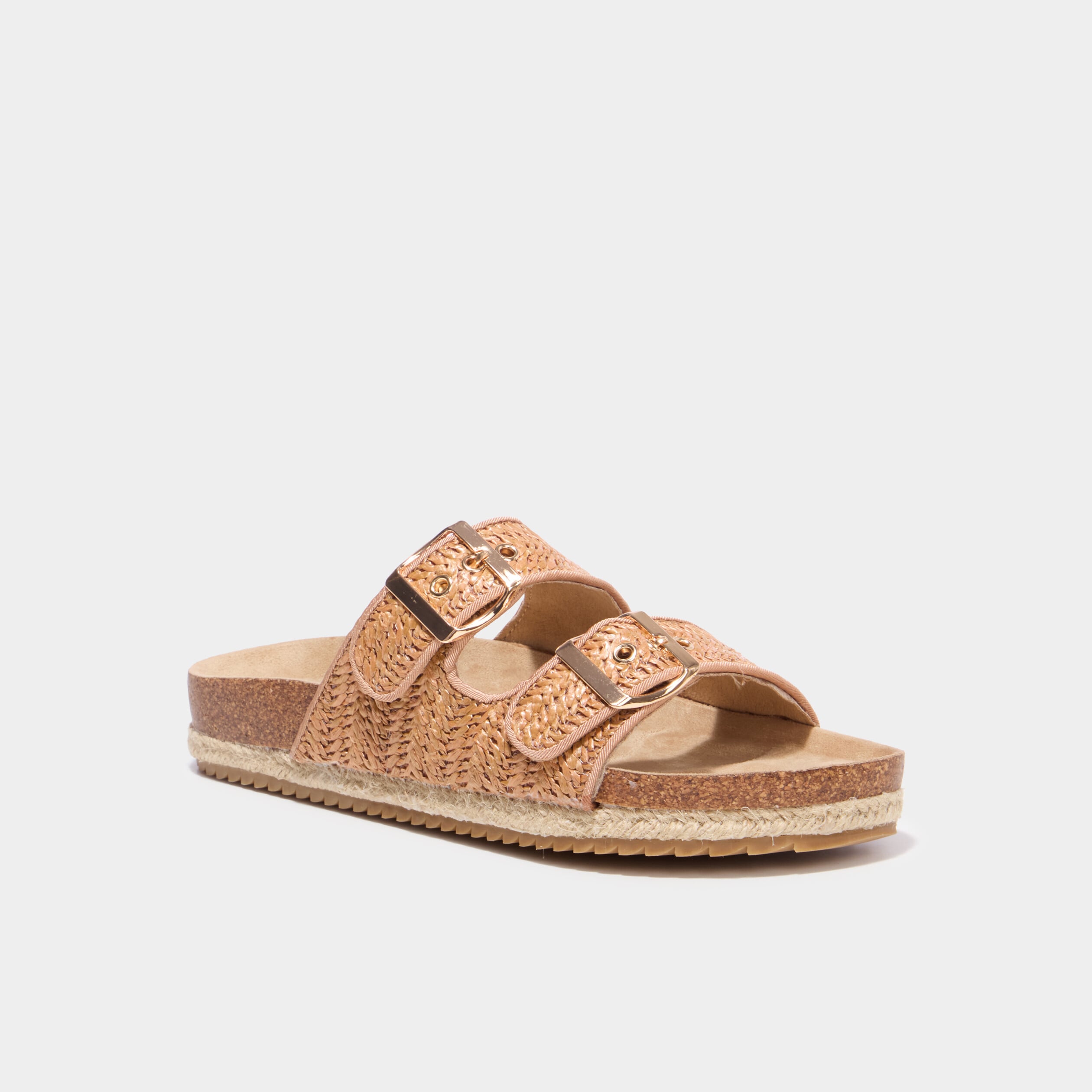 Mules plates tress&eacute;es avec boucles marron femme