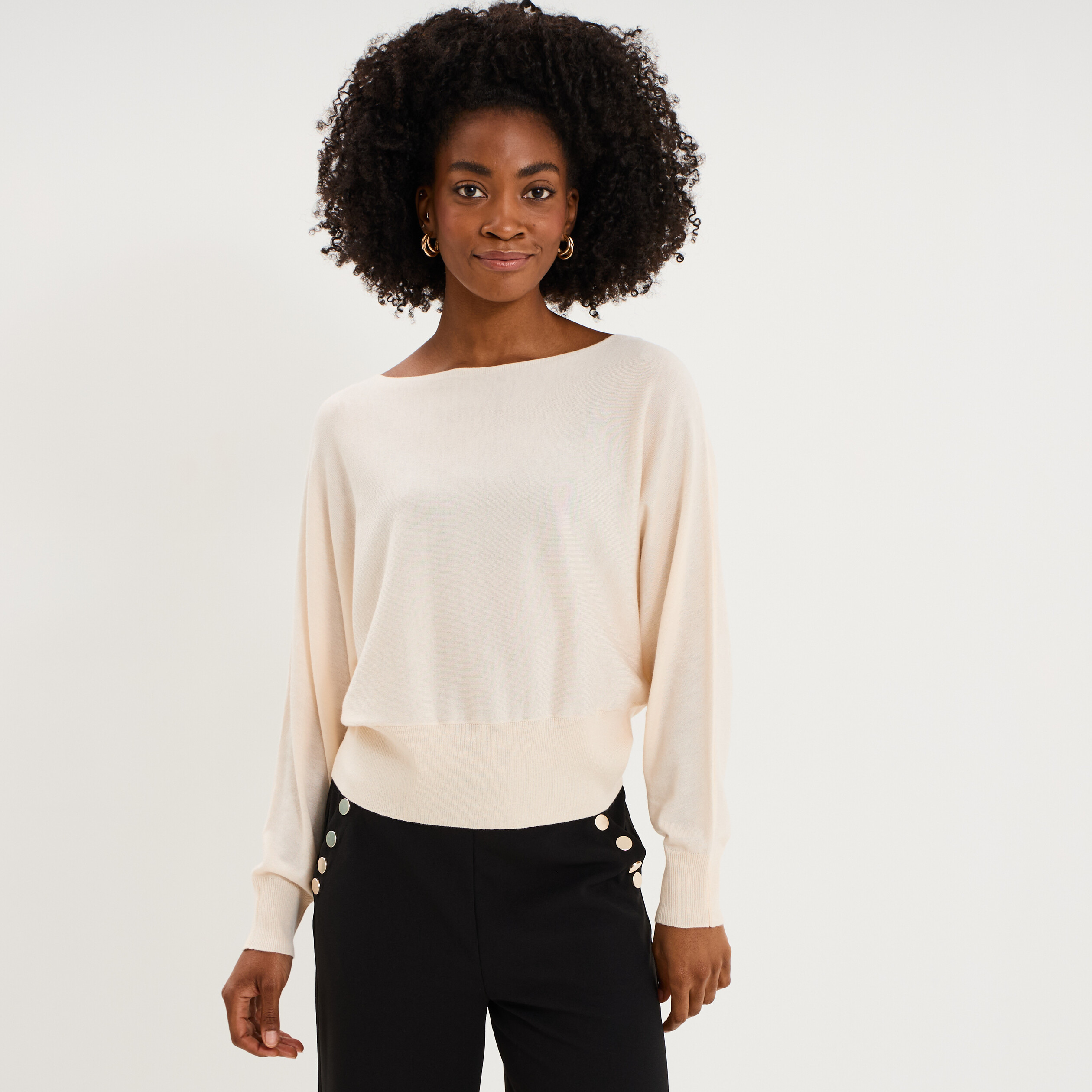Pull encolure bateau manches longues beige femme