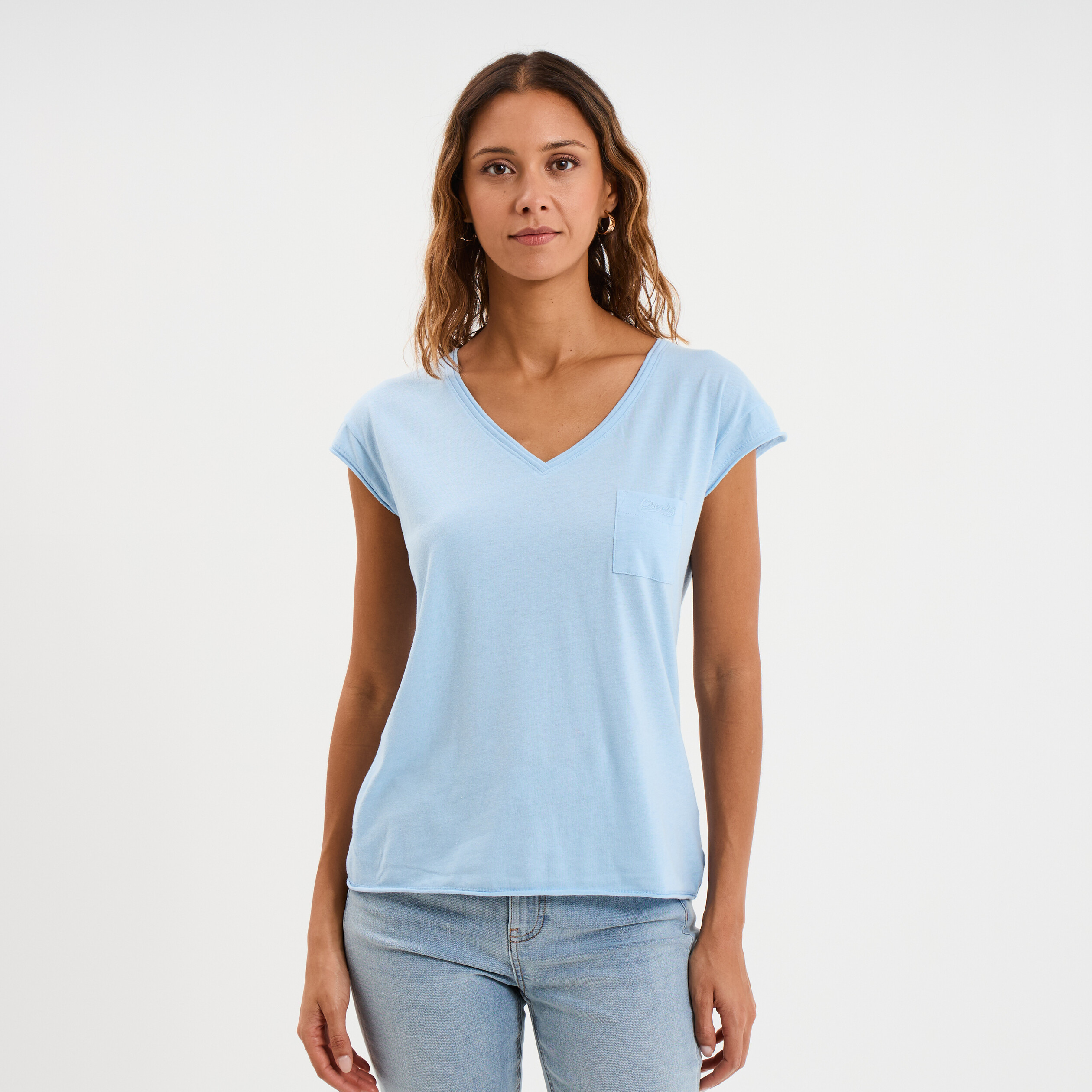 T-shirt col v poche poitrine bleu clair femme
