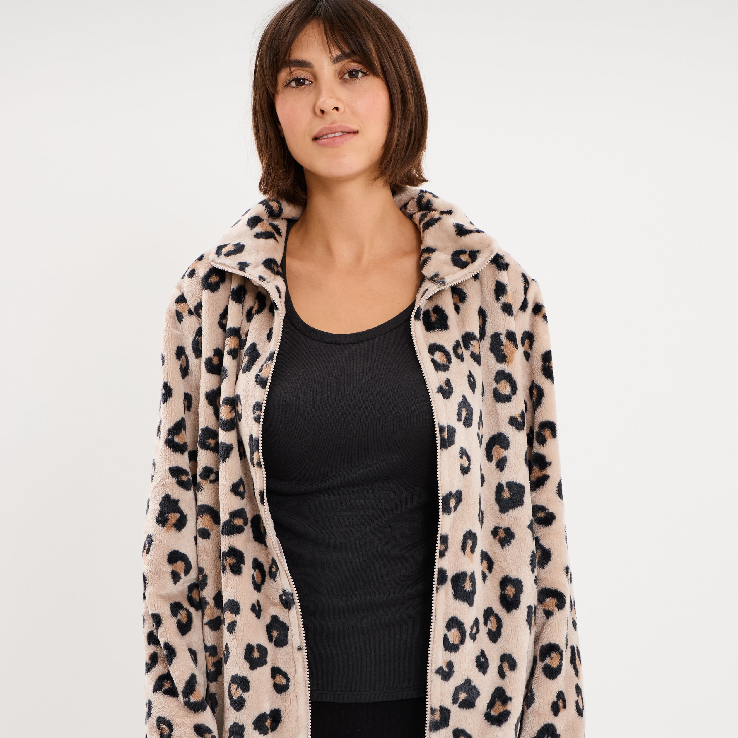 Veste de pyjama effet polaire zipp&eacute;e beige femme