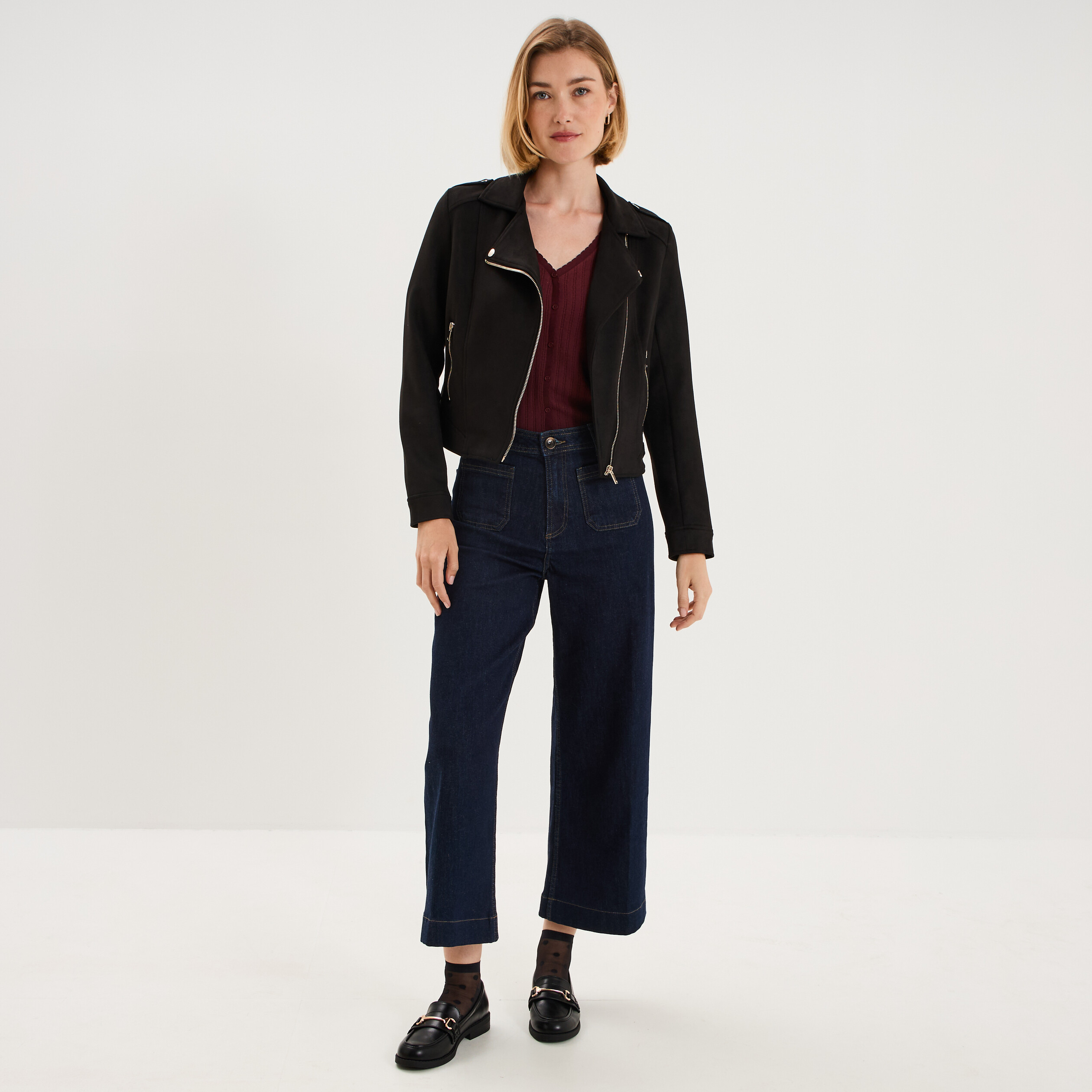 Veste biker effet su&eacute;dine noir femme