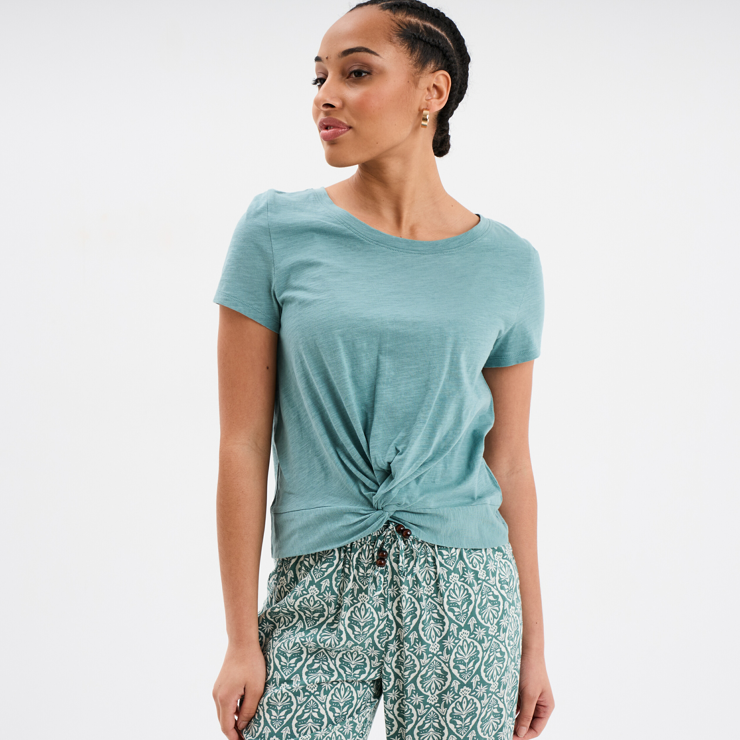 t shirt taille effet noue coton bleu gris femme T-shirt taille effet noué coton bleu gris femme