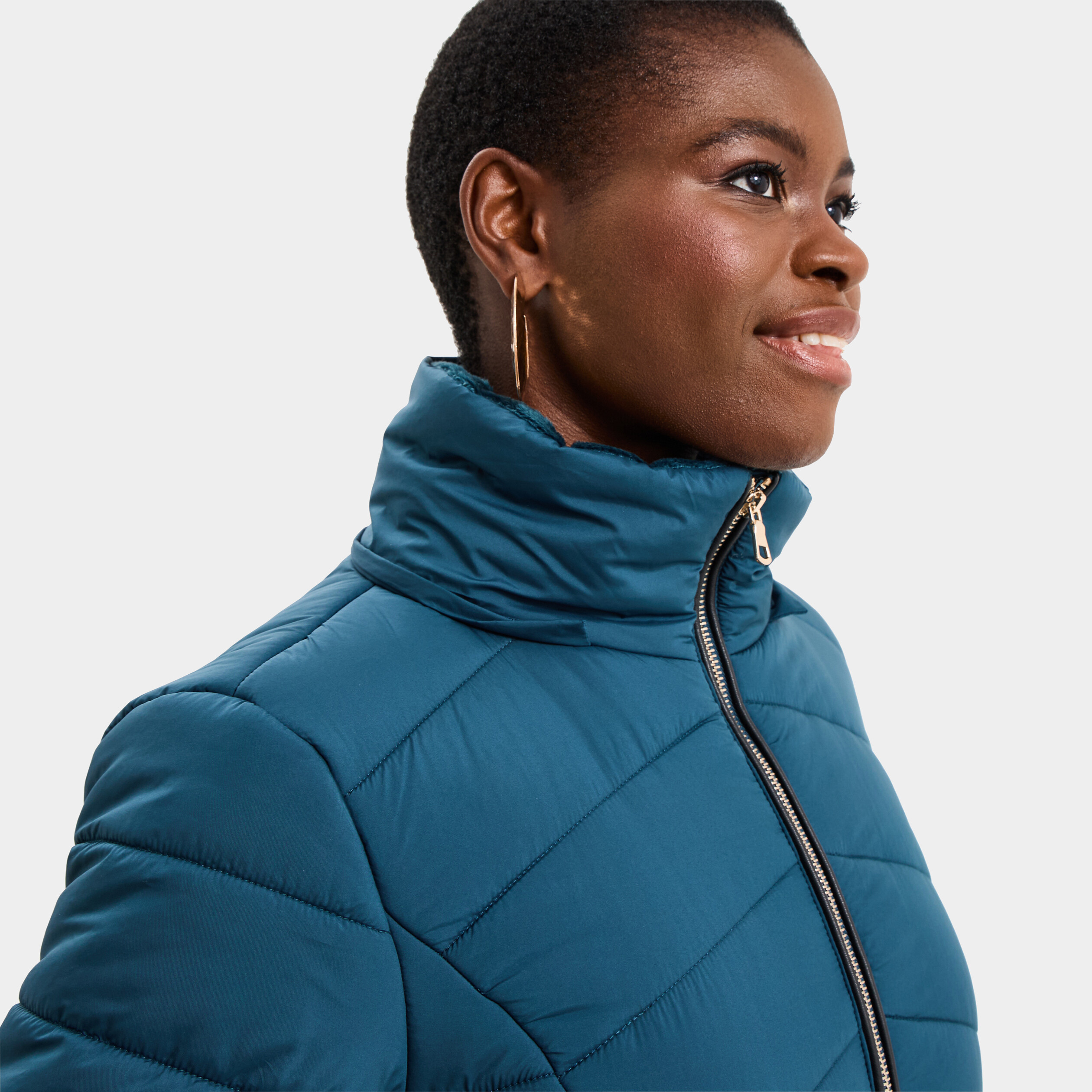 Doudoune mi-longue &agrave; capuche bleu canard femme