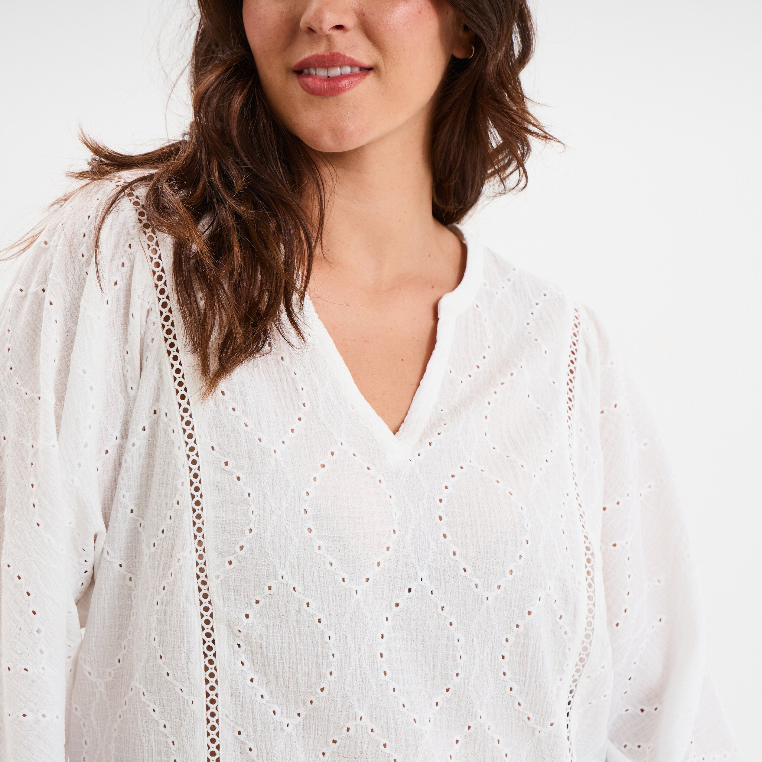 blouse broderie anglaise manches 34 blanc femmegt Blouse broderie anglaise manches 3/4 blanc femme grande taille
