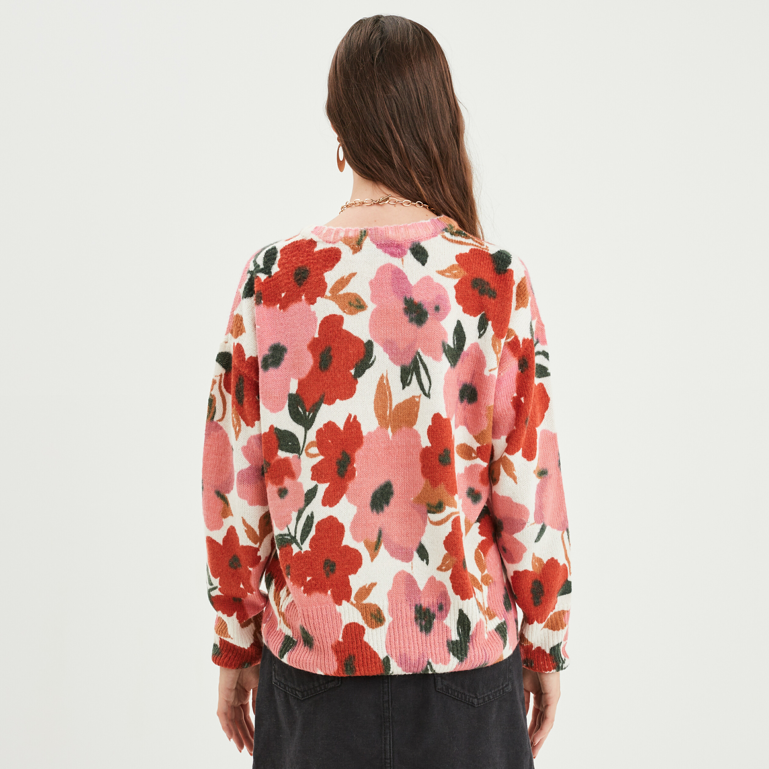 Pull col rond manches longues multicolore femme