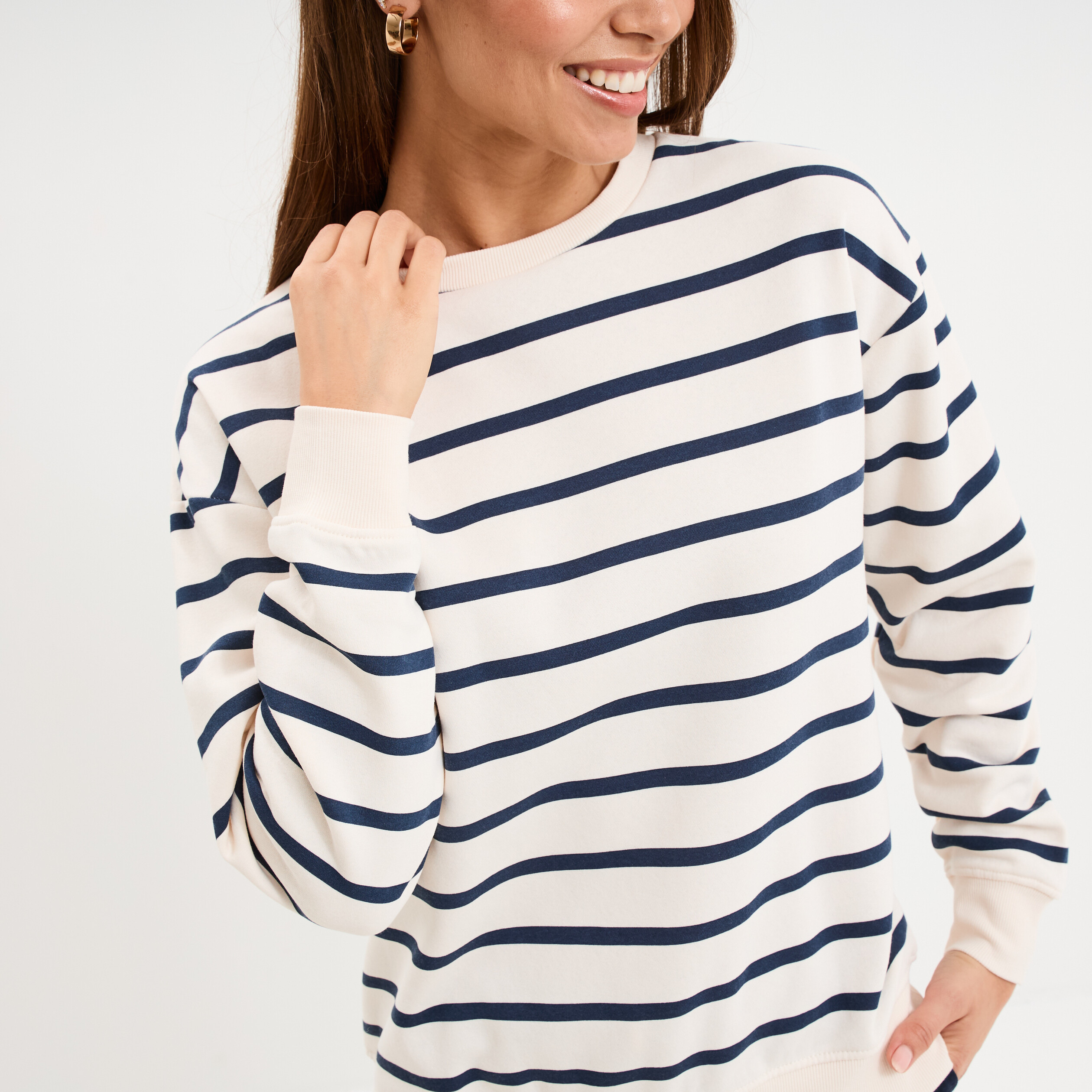 Sweat marini&egrave;re molleton manches longues ecru femme