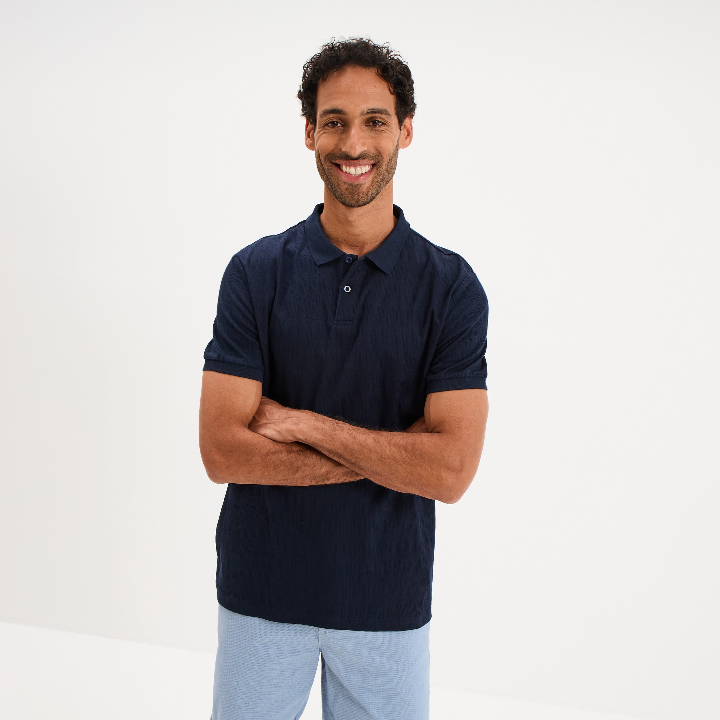Polo textur&eacute; manches courtes bleu marine homme