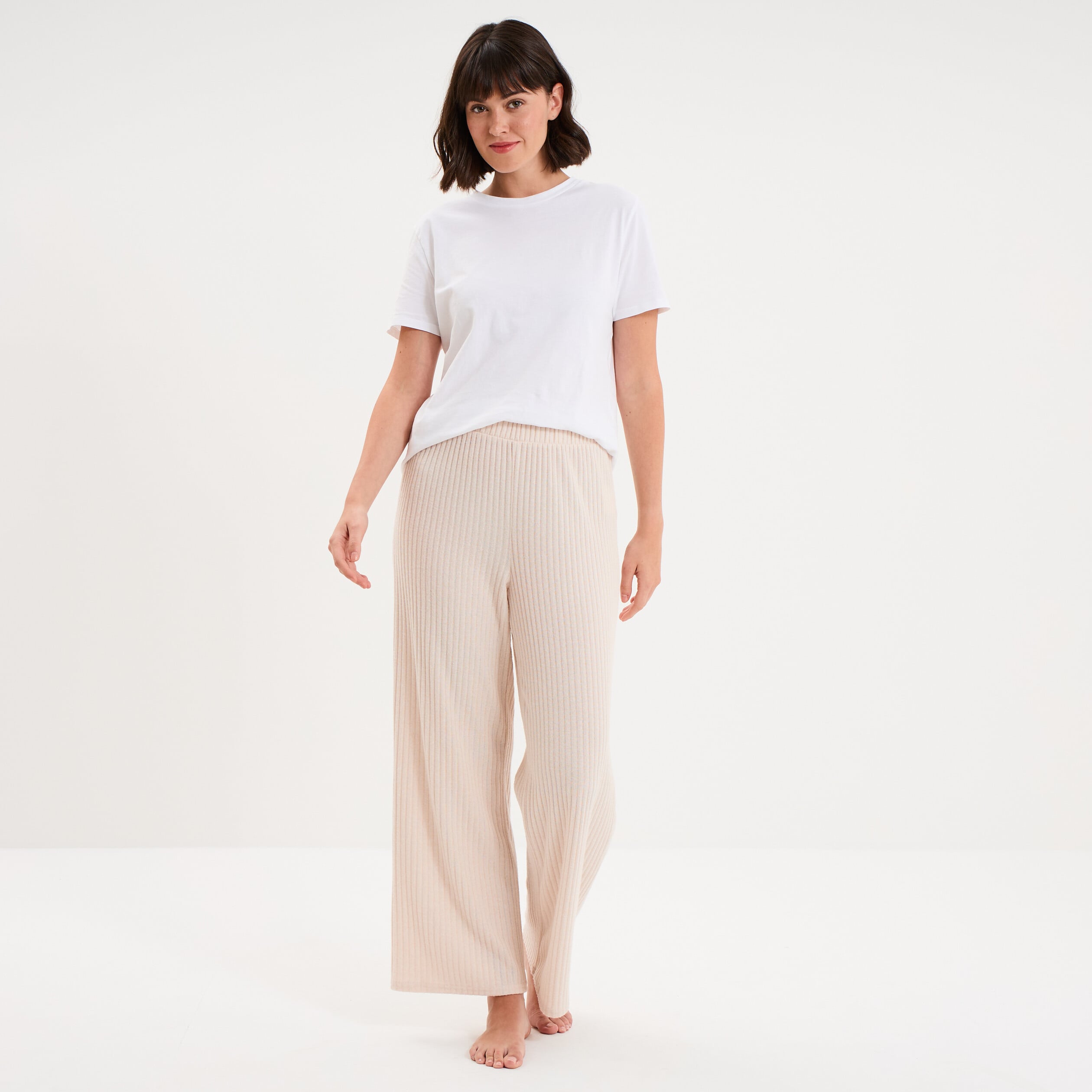 Bas de pyjama large c&ocirc;tel&eacute; long beige femme