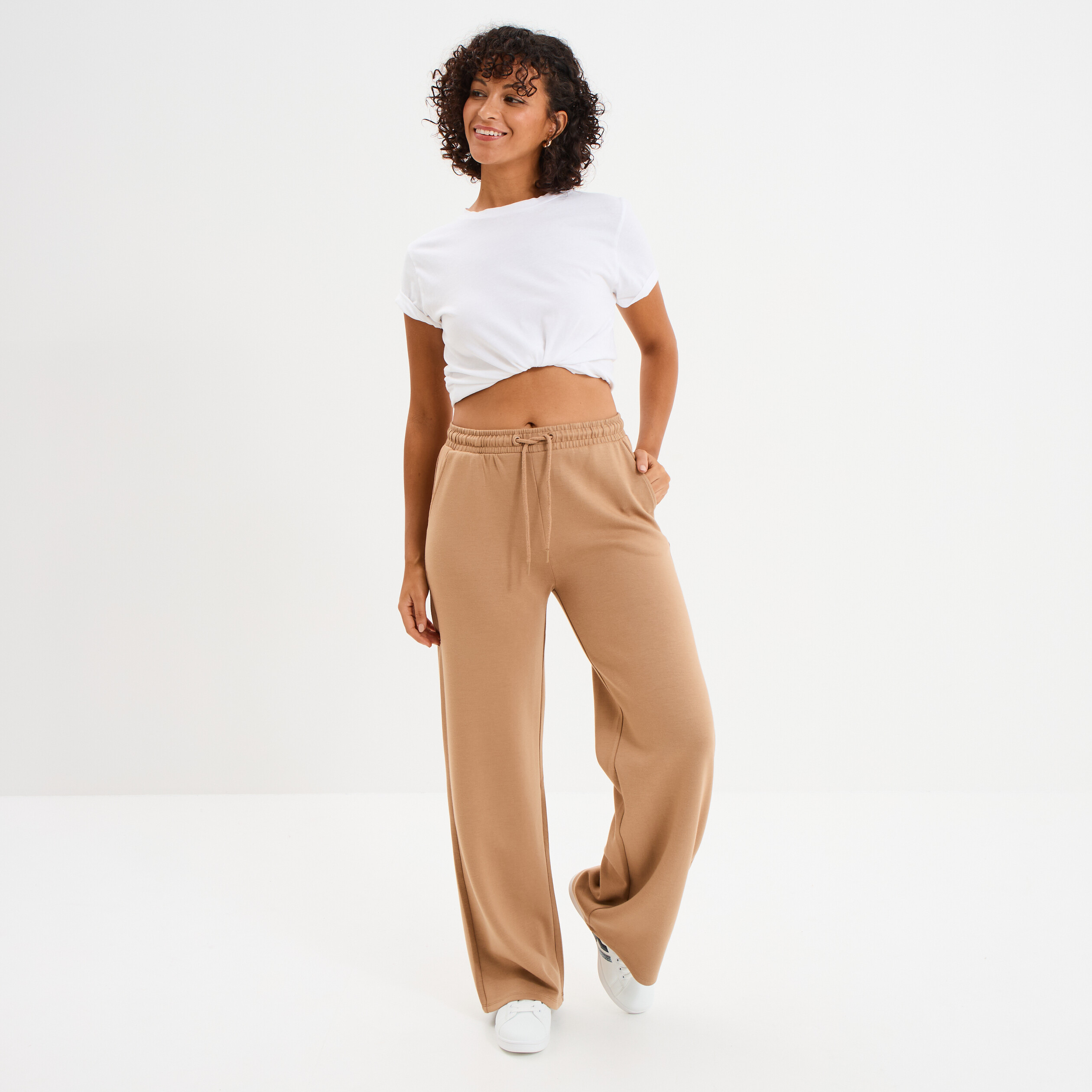 pantalon de jogging large elastique taupe femme Pantalon de jogging large élastiqué taupe femme