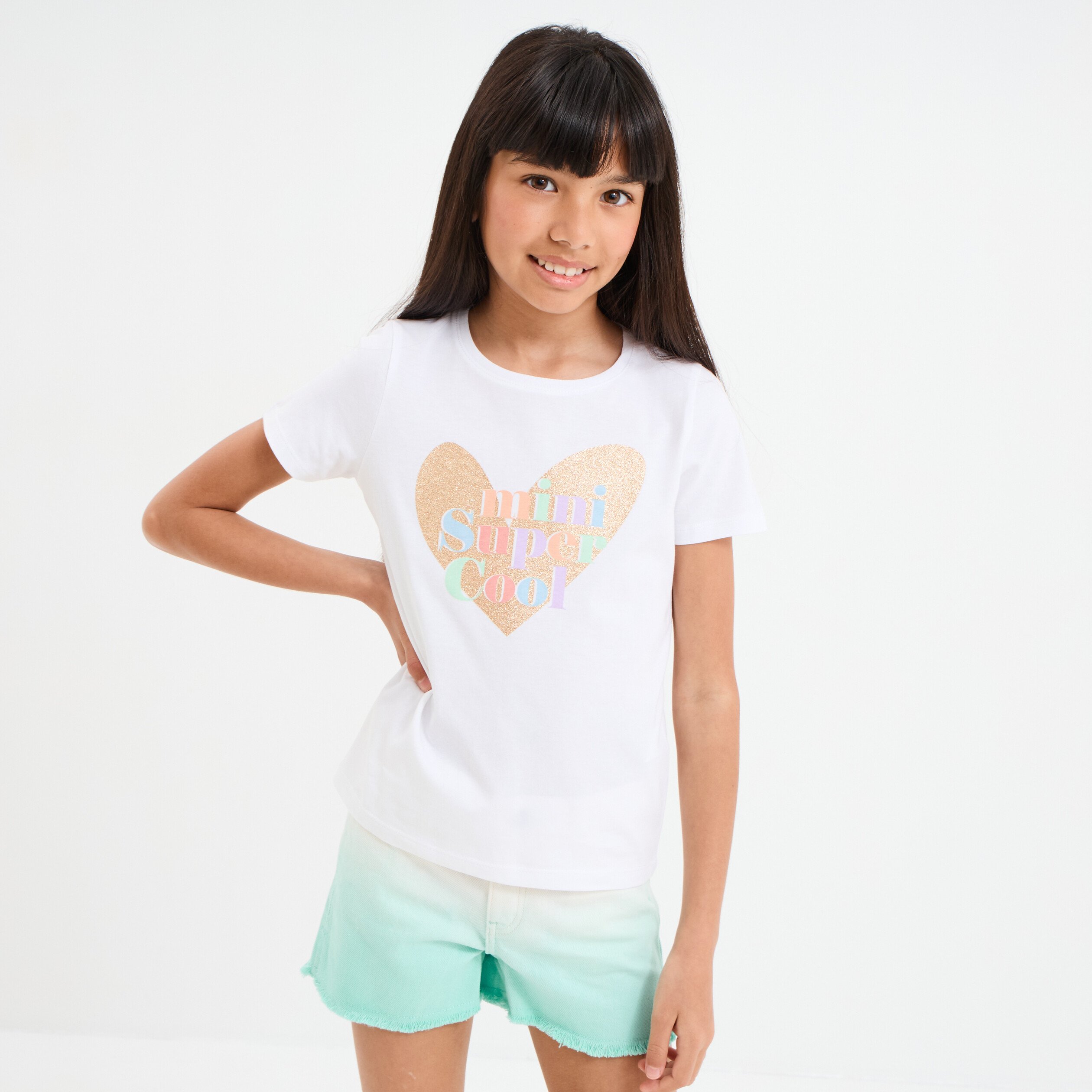 t shirt manches courtes col rond coton ivoire fille T-shirt manches courtes col rond coton ivoire fille