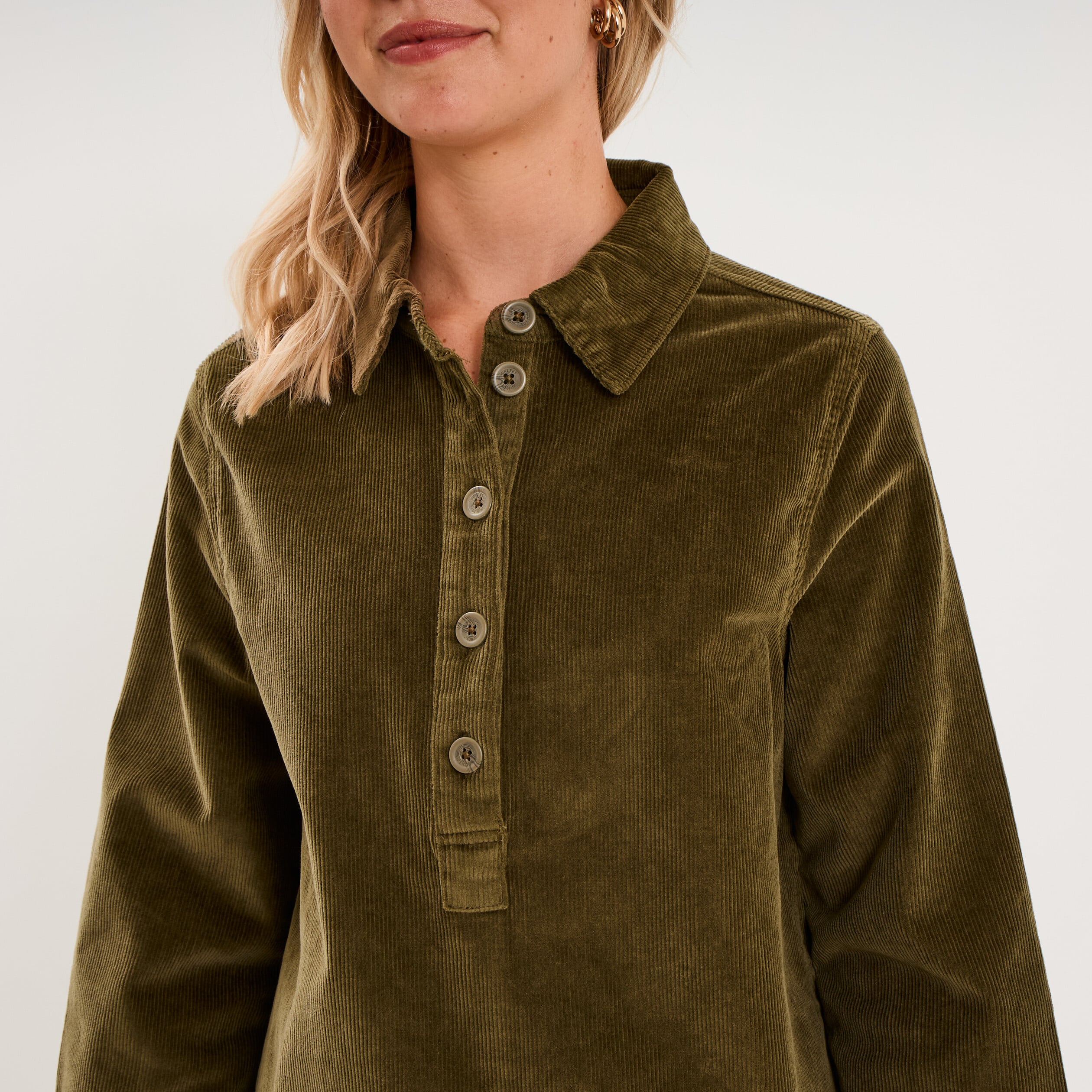 Robe droite velours col chemise vert kaki femme