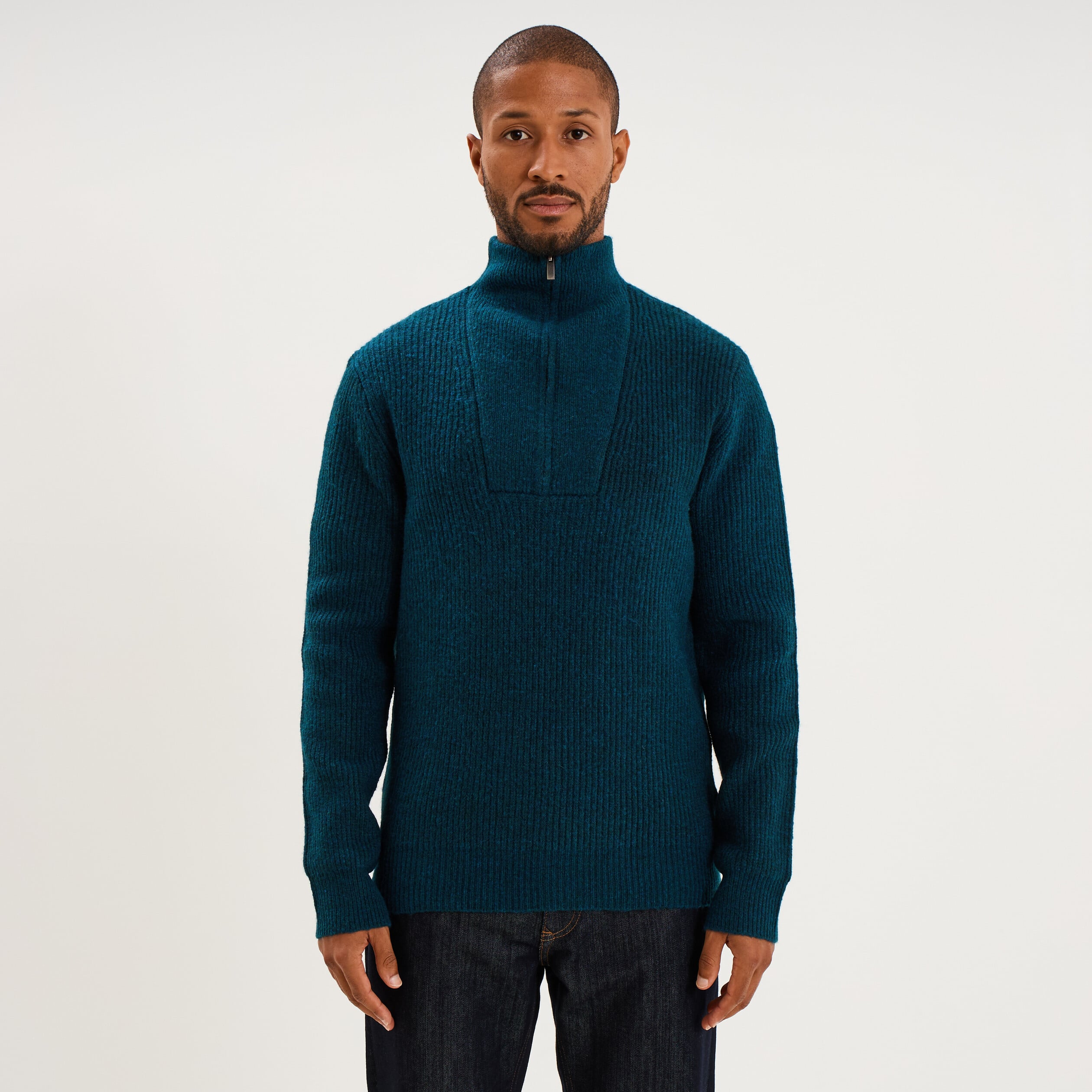 Pull avec col camionneur c&ocirc;tel&eacute; bleu canard homme