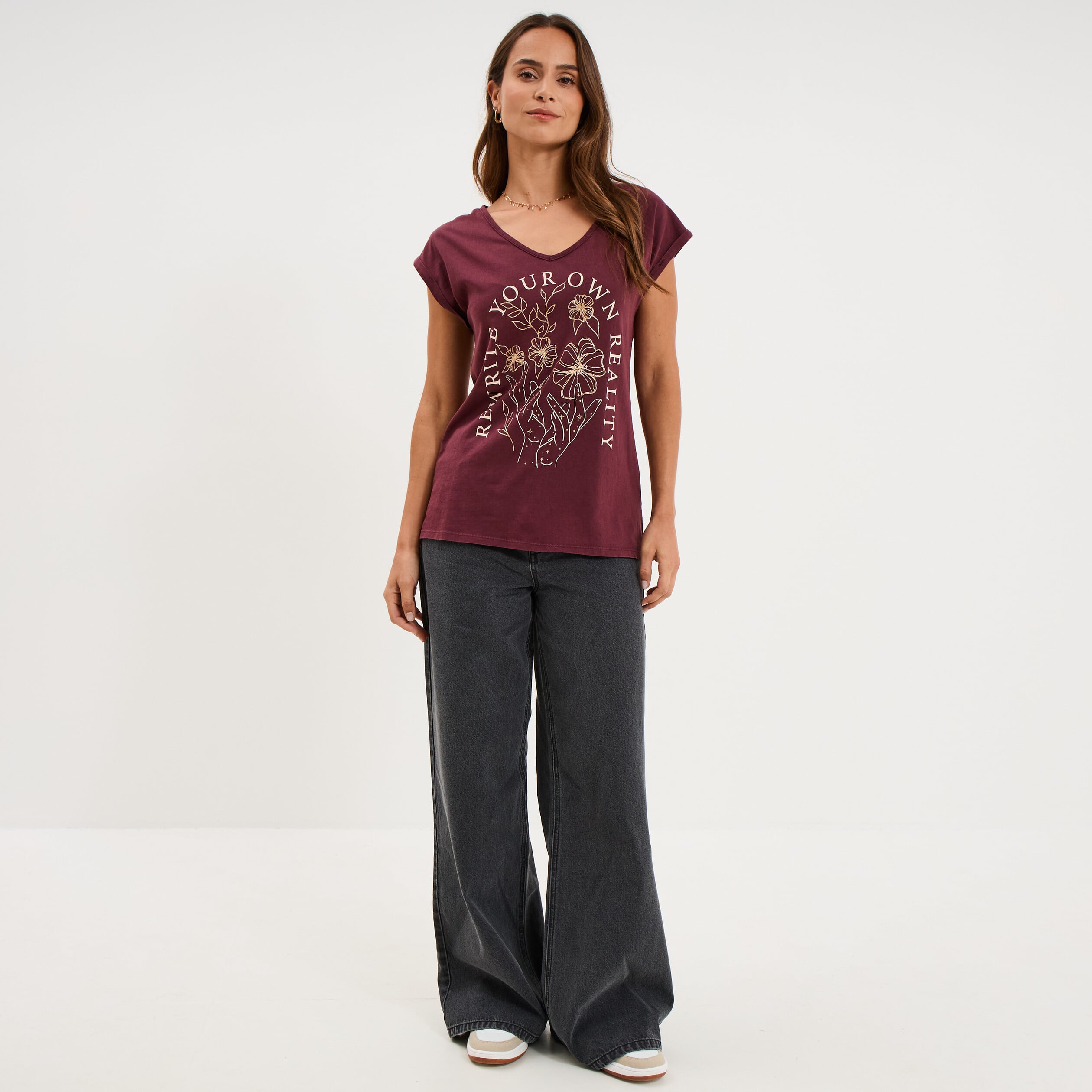 T-shirt coton col en V manches courtes violet fonc&eacute; femme