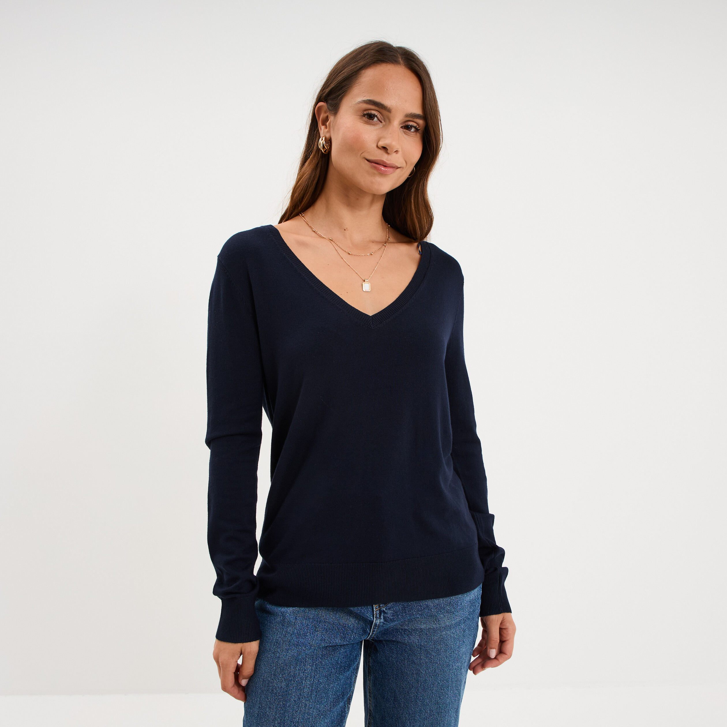 Pull col en V manches longues bleu marine femme